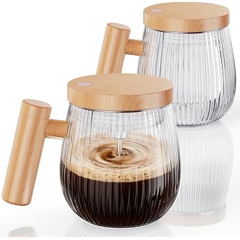 Electric Self-Stirring Cup Set of 2 400 ml Mixing Cup High Speed for Coffee/Milk/Protein Powder Heat Resistant Glass Coffee Mixer with Lid Transparent S
