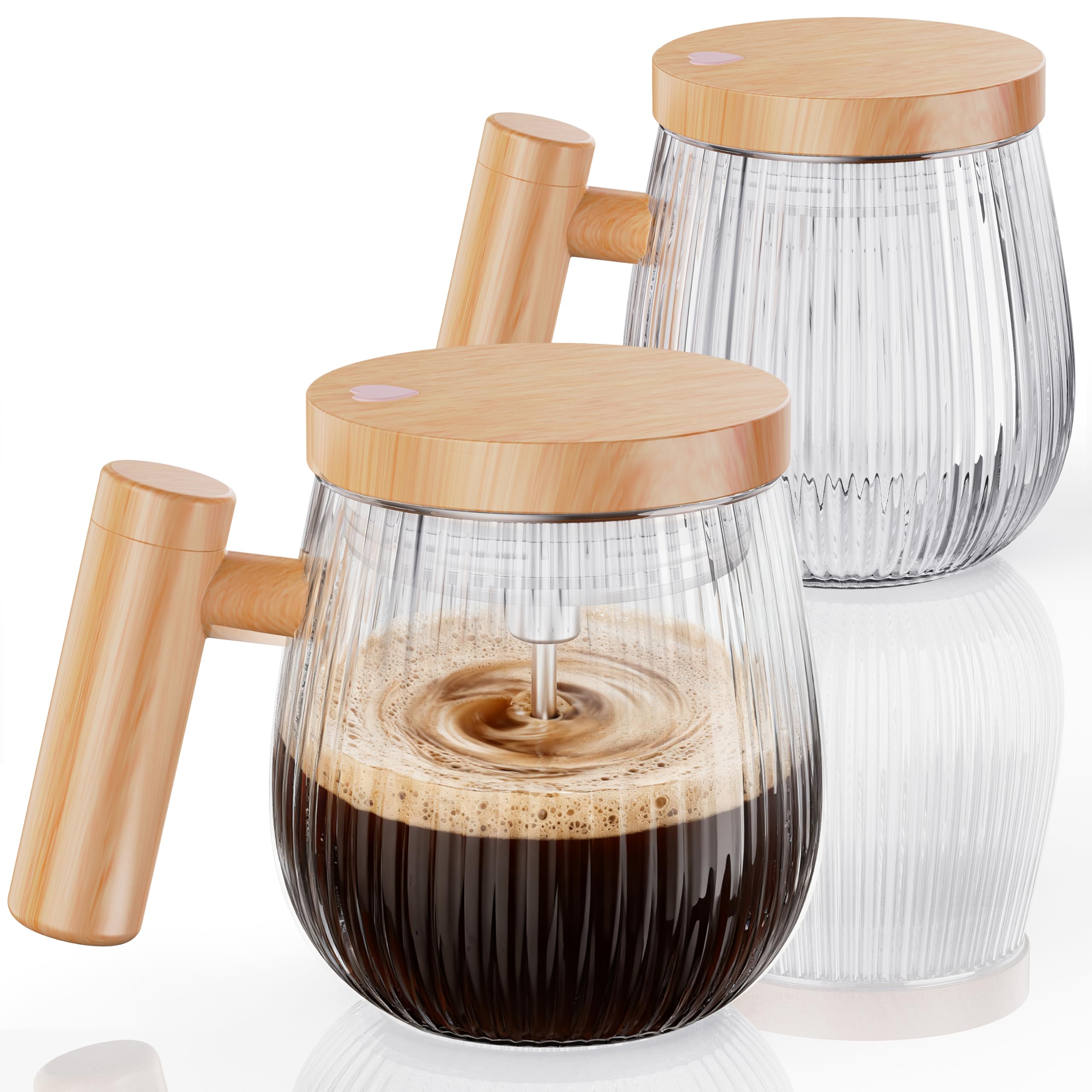 Set di 2 pezzi di Tazza auto-commovente, tazza da miscelare da 400 ml, ad alta velocità adatta per caffè / latte / polvere di proteine, di in vetro a protezione termica con coperchio (Trasparente S)
