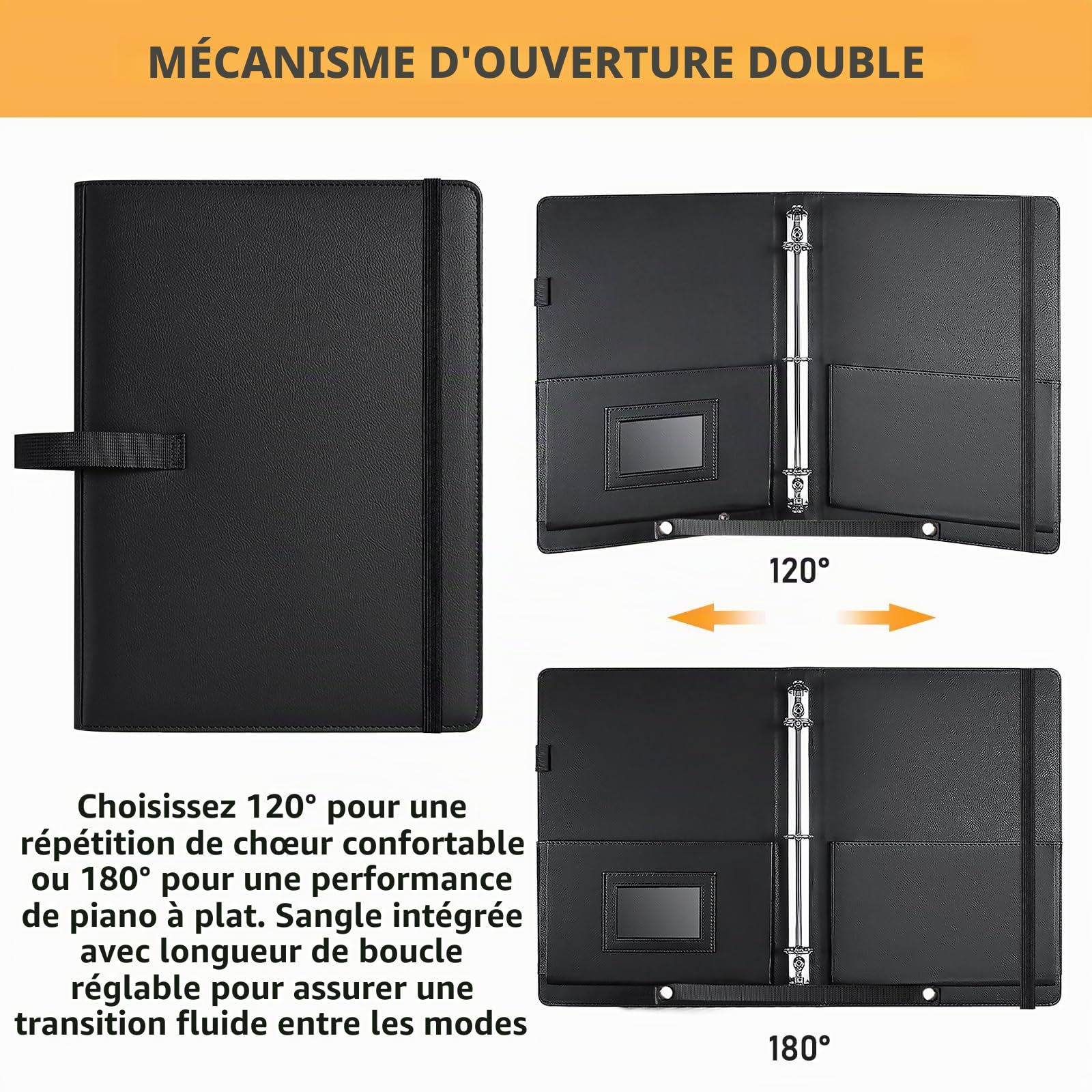 Porte-Partitions A4: Porte-Partitions Pour Chœur, Portes-Partition Pour Feuilles De Musique Poche Intérieure Et Dragonne, Classeur à Partition En Cuir PU Avec 3 Anneaux Pour Musicales (Noir)