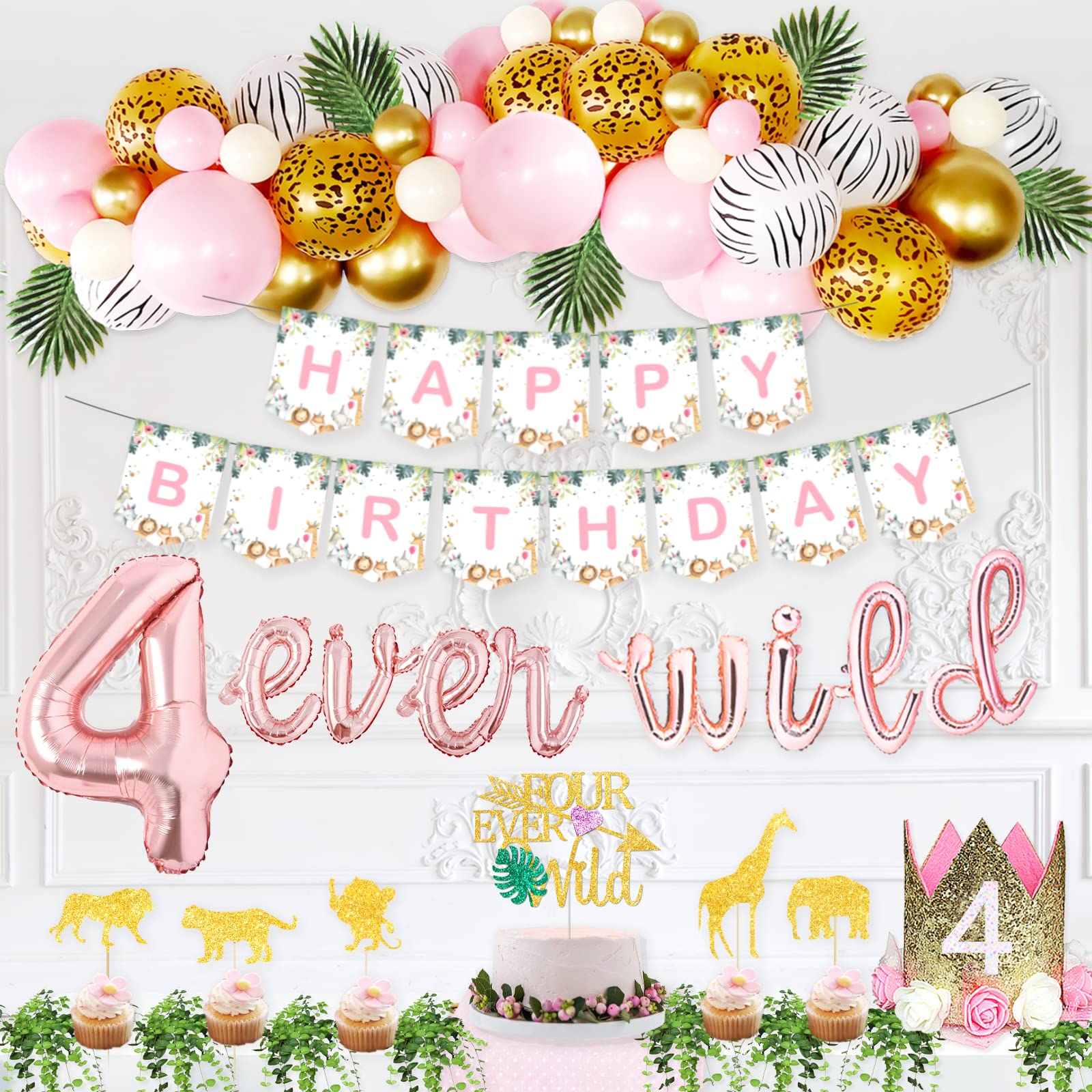 82 PCs Four Ever Wild Birthday Decorations Girl, Hombae Safari Jungle Themed 4th Birthday Decorations for Girl Backdrop Balloon Garland Artificial Leaves Banner Cake Cupcake Topper Cheetah Print Gold Pink