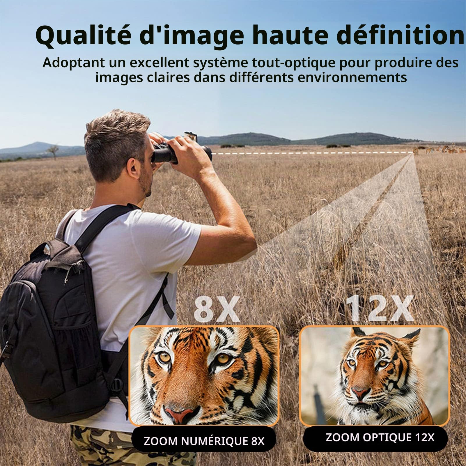 Jumelles Numériques 2,4 Pouces avec Appareil Photo, Caméscope Enregistreur Vidéo 1080p 5MP avec Vision Nocturne, Jumelles Numériques LCD 12X pour L'observation des Oiseaux, Les