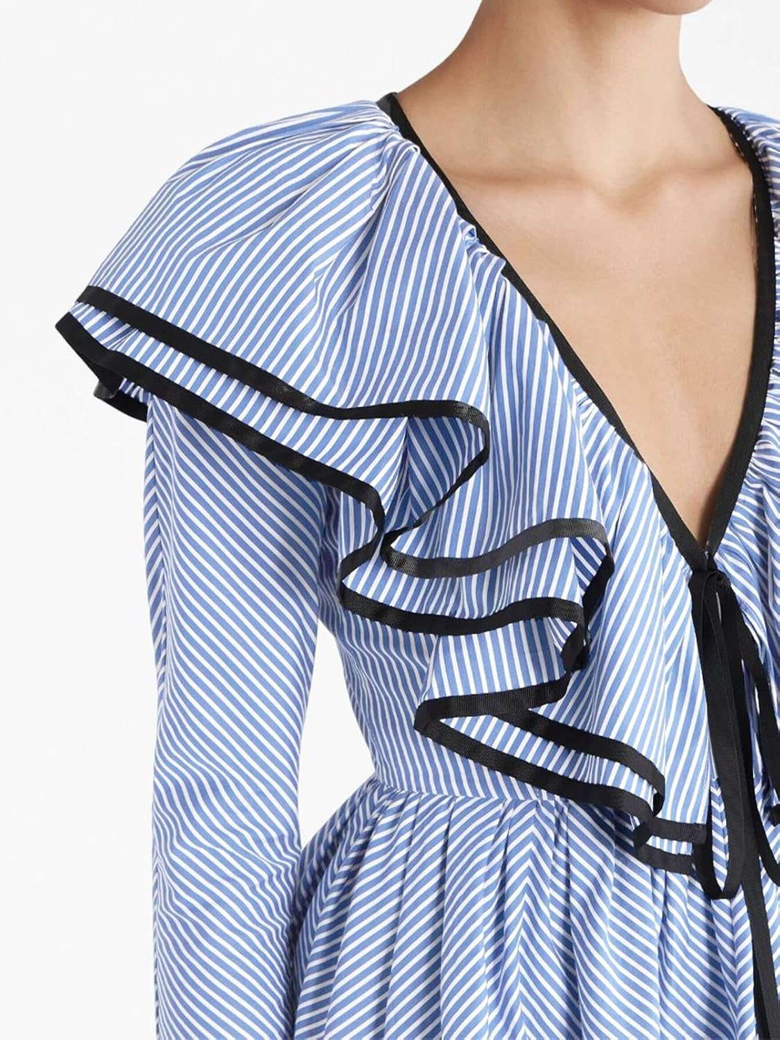 HOULENGS Women's Casual Striped Long Sleeve Ruffle Layer Babydoll Mini Dress Fall V Neck Tie Front Tiered A-line Short Dress - Image 4