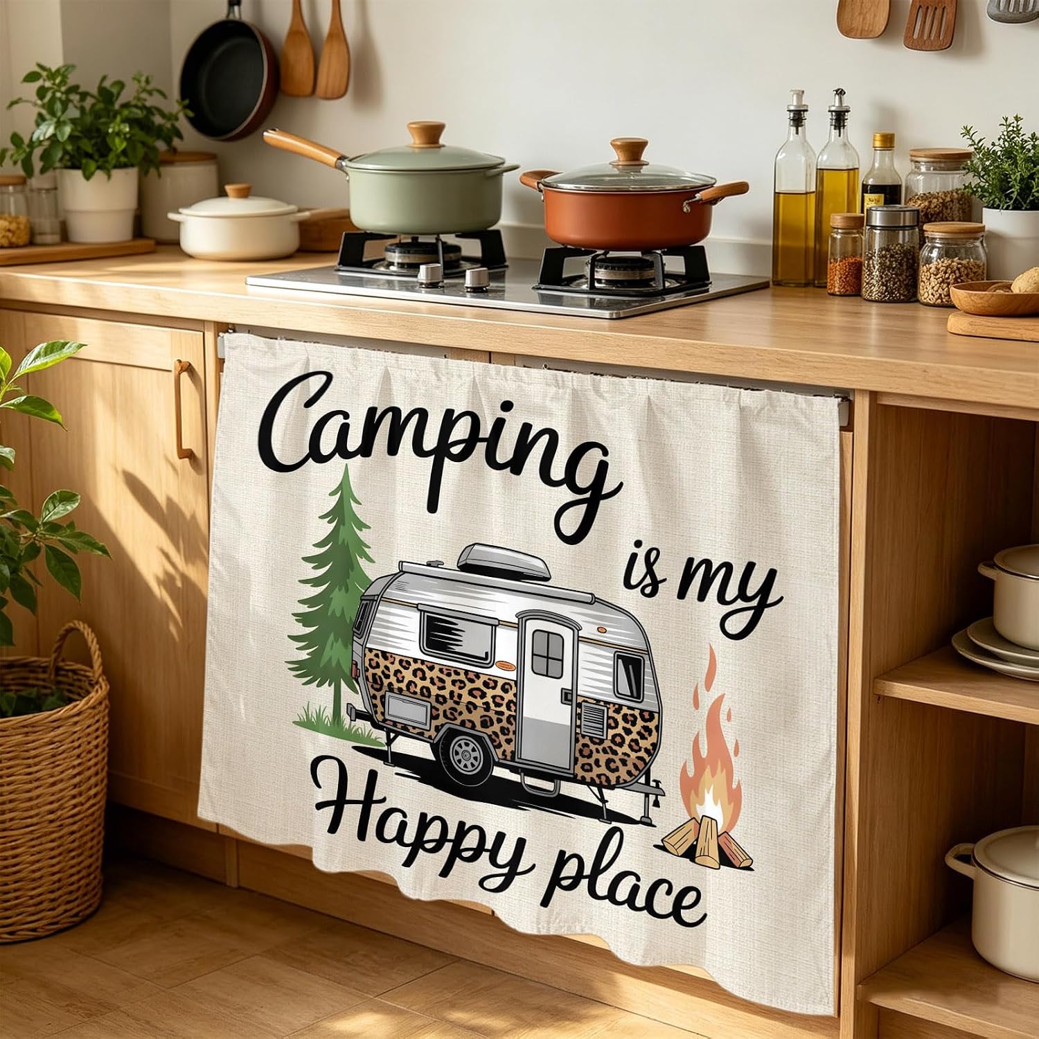 Cabinet Curtain Camping RV Happy Place Desk Curtain 35x35in, Washable Under Sink Skirt for Kitchen Bathroom Laundry, Green Tree Retro Linen Privacy Self-Adhesive Shelf Curtains