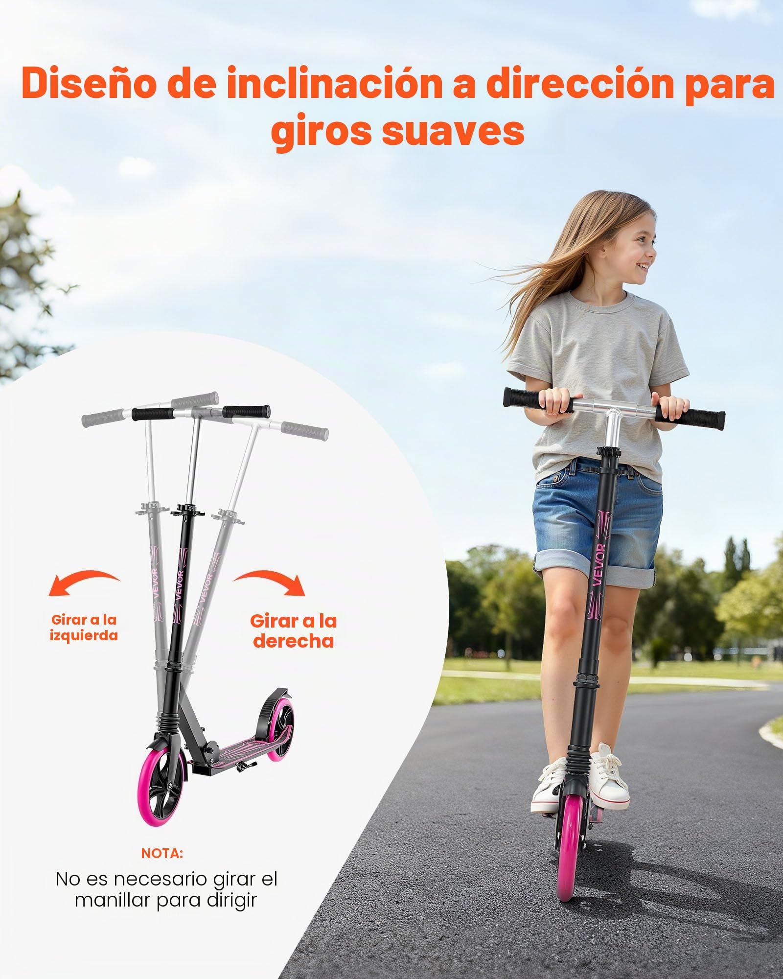 VEVOR Patinete para Niños a Partir de 8 Años, 2 Ruedas, con Manillar Regulable en Altura y Base Antideslizante, Marco de Aleación de Aluminio, Soporta hasta 100 kg, Rosa, 900 x 380 x 1000 mm
