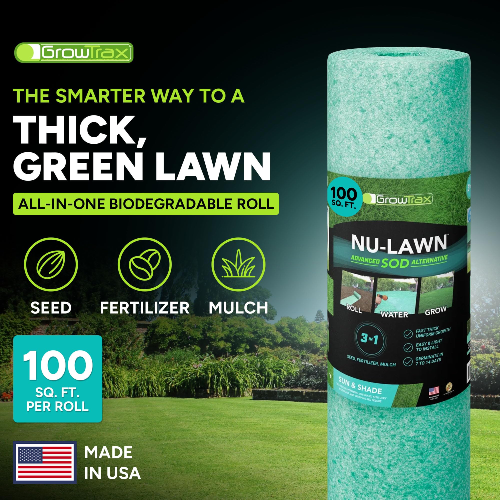Growtrax Tapete biodegradable para semillas de hierba, 100 pies cuadrados, color verde | Semilla de césped para césped, parches de perro y sombra, solo riega y cultiva, sin césped artificial o artificial