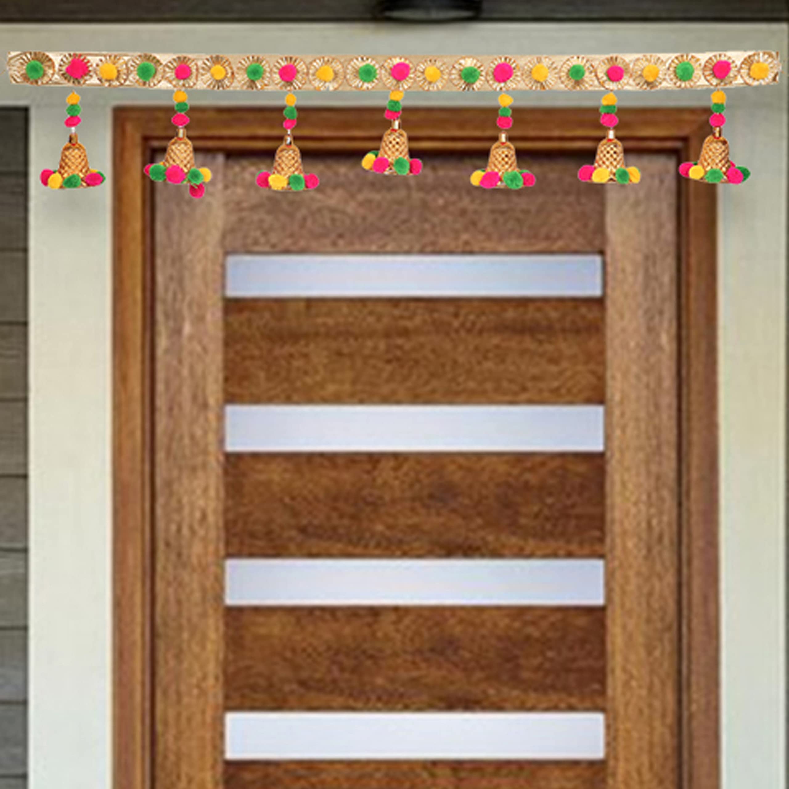 SMIZZY ; (RE)TOUCHING LIVES Handmade 7 Golden Bells Bandarwal Toran with Pompom for Door & Wall Hanging for Diwali Navratri & Home Inauguration & Decoration, Multicolor, 1 pc