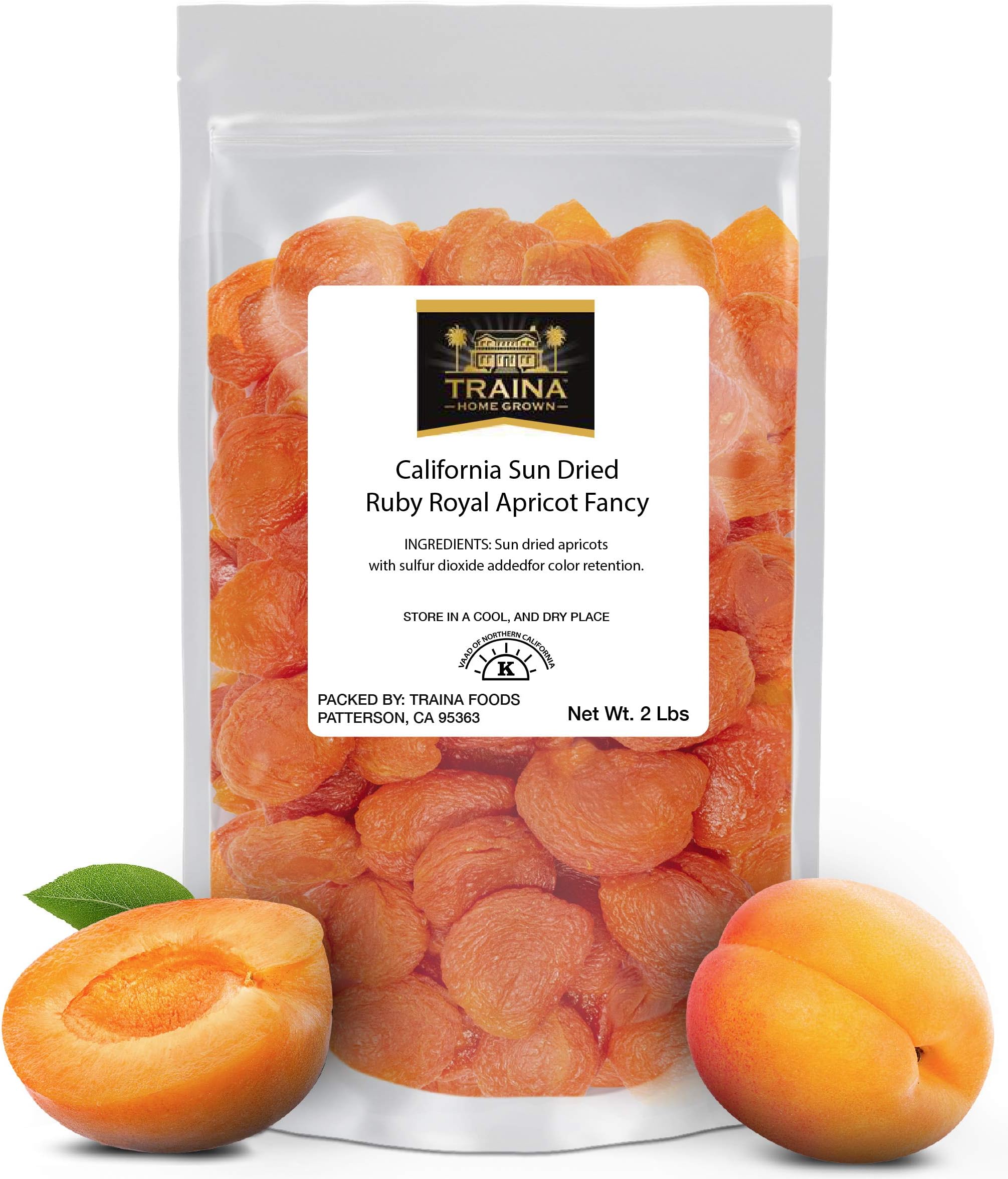 Traina Home Grown California Sun Dried Ruby Royal Apricot Halves - SEASONAL/LIMITED - Healthy, No Sugar Added, Non GMO, Gluten Free, Kosher Certified, Vegan, Packed in Resealable Pouch (2 lbs)