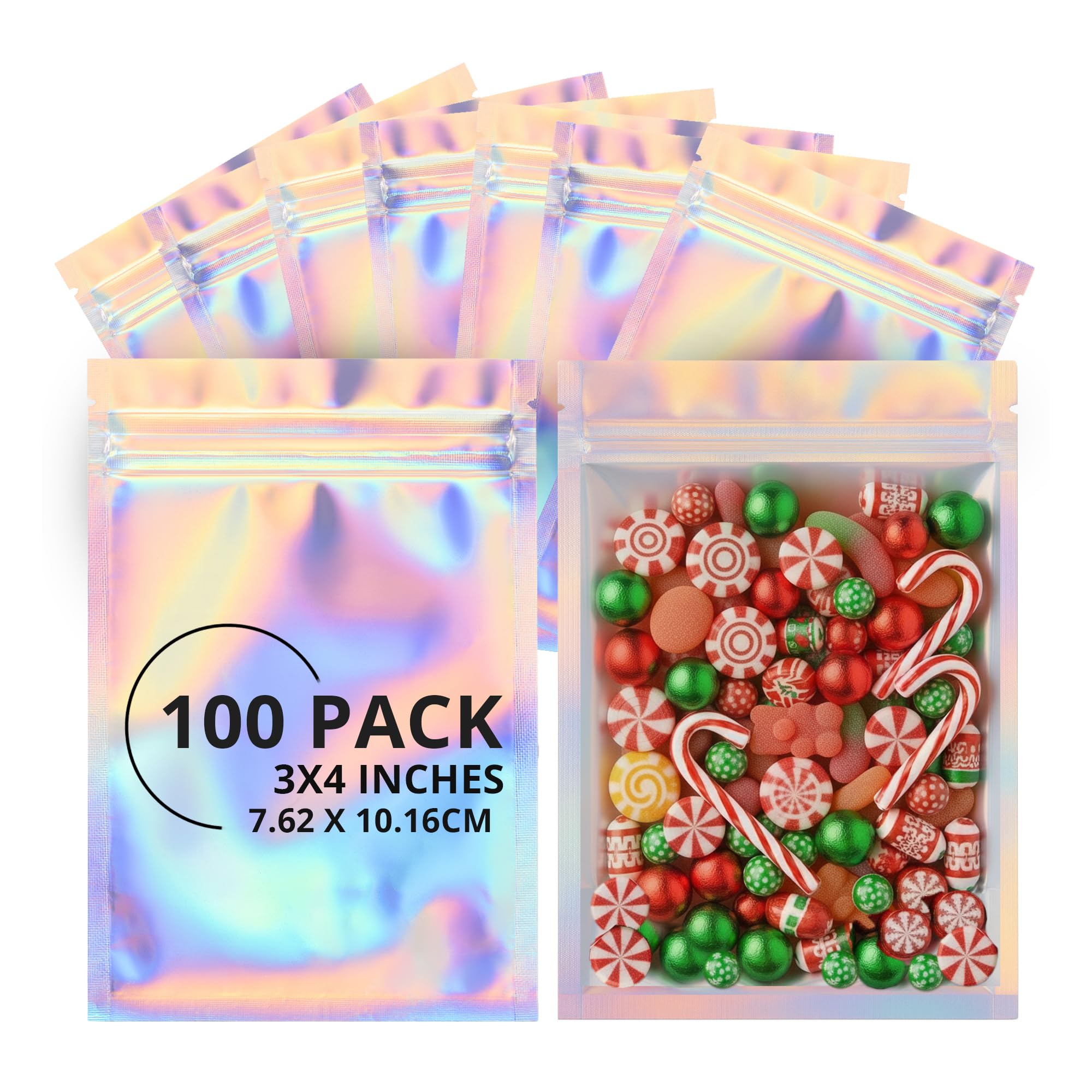 COLSEN Smell Proof Resealable Bags - Holographic Mylar Bag 3x4 Inches (1oz) Strong Zipper Seal Clear Window Pouch for Food Storage, Candy, Snacks, Jewelry, Pills, Party Favors Packaging (100pack)
