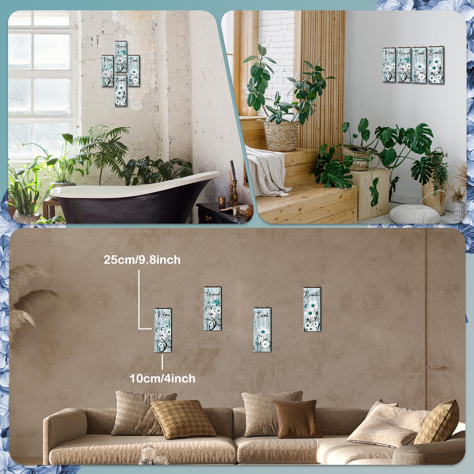 4 piezas de decoración de pared de madera de margarita verde azulado para baño, decoración de pared de madera verde azulado Relax Soak Unwind Breathe Flower Rustic Farm Sign turquesa azul 7