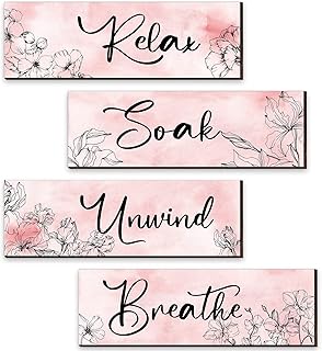 Yookeer Elegant Bathroom Wall Decor Sign 4 Pieces Vintage Wooden Relax Soak Unwind Breathe Wall Art Hanging Floral Wall Decor Farmhouse Rustic Wood Plaque for Bathroom Laundry Room Supply (Pink)