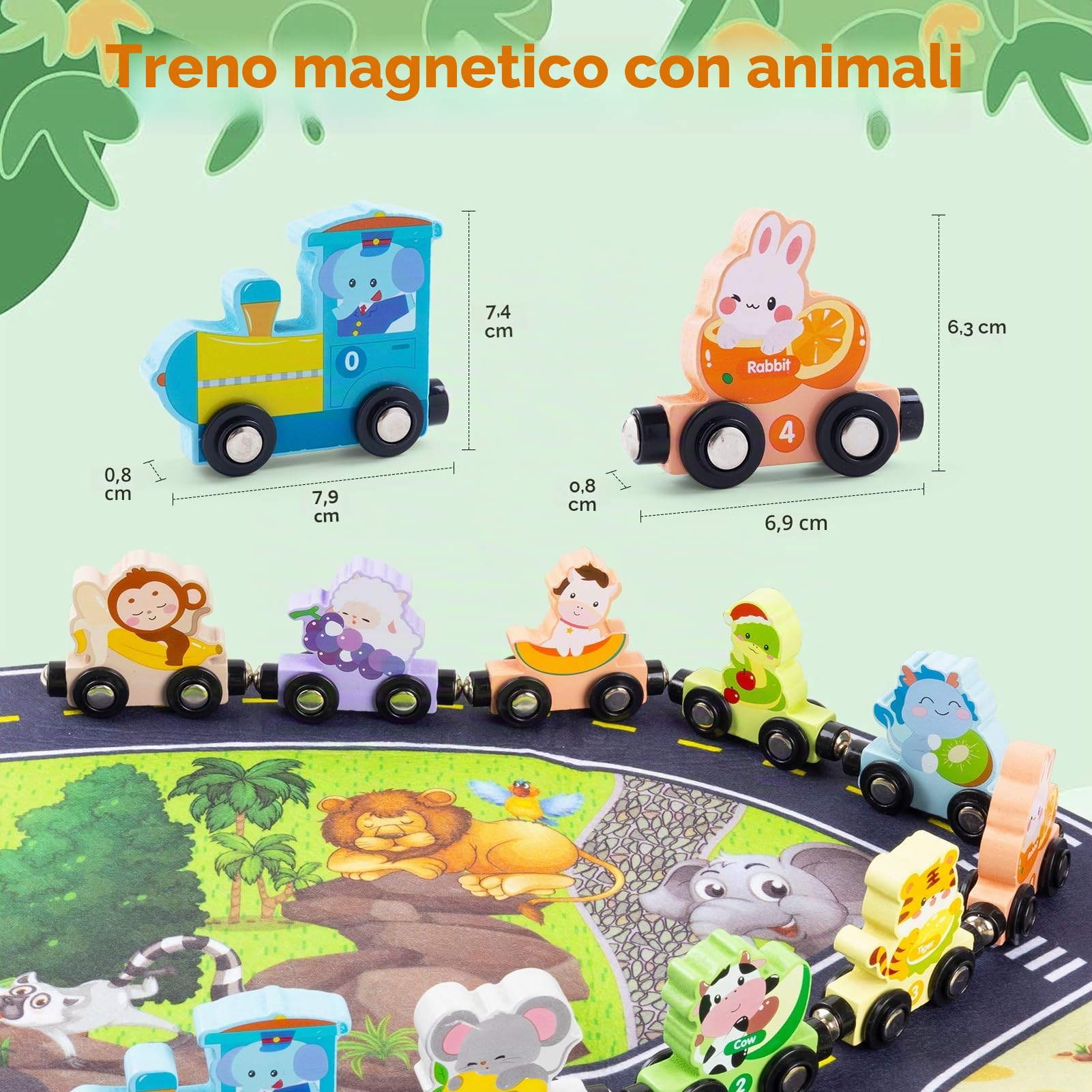 Giocattoli Montessori a partire da 1, 2, 3 anni, Set di 13 Animali in Legno a Forma di Treno, Treno di Animali Magnetico in Legno con Tappetino da Gioco, Giocattolo Educativo per Motorizzazione per