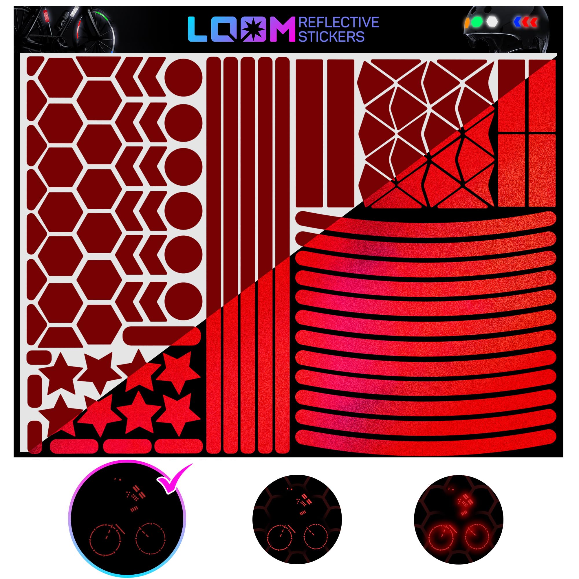 LOOM Reflective Stickers Mega Kit (101pcs red)• Nighttime Safety Waterproof Self-Adhesive Decals for Helmets, Skateboard, Bike, Scooter, E-Bike,
