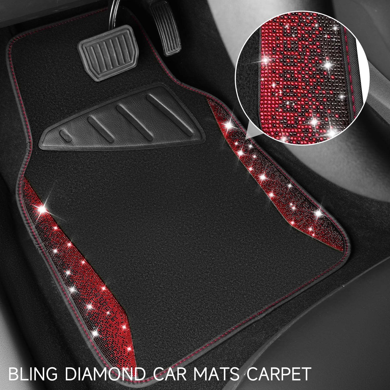 CAR PASS Bling Diamond Car Floor Mat Shining Rhinestones Carpet, Sparkly Glitter Crystal Anti-Slip PVC Heel Pad Automotive Universal Fit for SUV Sedan Car Van, 4pcs for Girl Cute Women, Black Red - Image 2