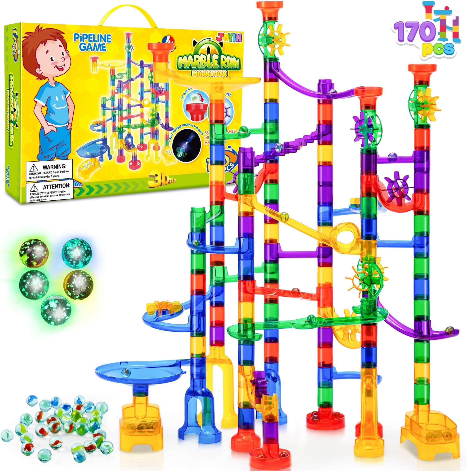 170Pcs Glowing Marble Run, Construction Building Blocks Toys with 5 Glow in The Dark Glass Marbles, STEM Educational Building Block Toy, Birthday Gifts, Easter Basket Stuffer