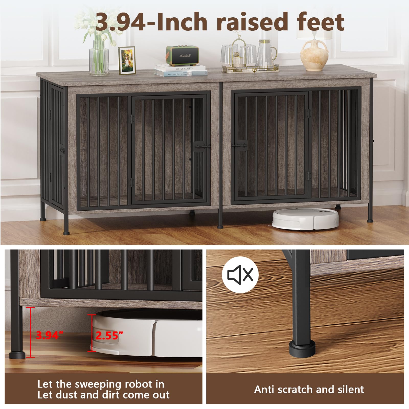 EasyCom Dog Crate Furniture for 1 or 2 Dogs, Heavy Duty Single/Double Dog Crates for Small/Medium/Large Dogs, Dog Kennel Furniture Indoor as TV Stand, Large Size 78.74" L(35-60 Pounds), Oak Grey - 4