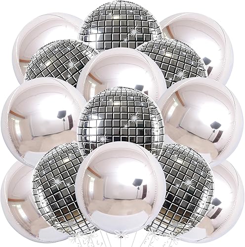 Globos grandes de Mylar plateados, 22 pulgadas, paquete de 12 con globos de bola de discoteca plateados, 22 pulgadas, paquete de 12, globos