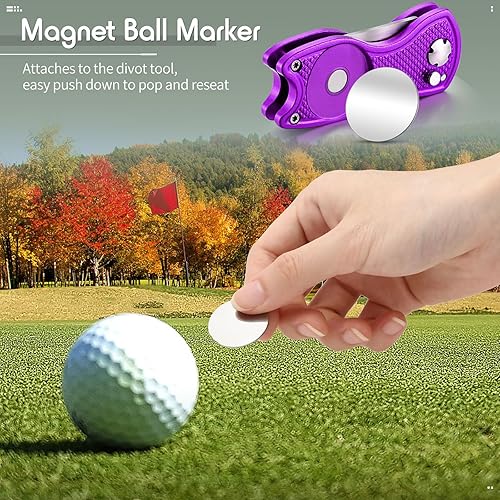 Miniatura 72 de Skylety 4 piezas de golf Divot herramienta de reparación con botón magnético marcador de bola Divot herramienta de acero inoxidable plegable Rojo