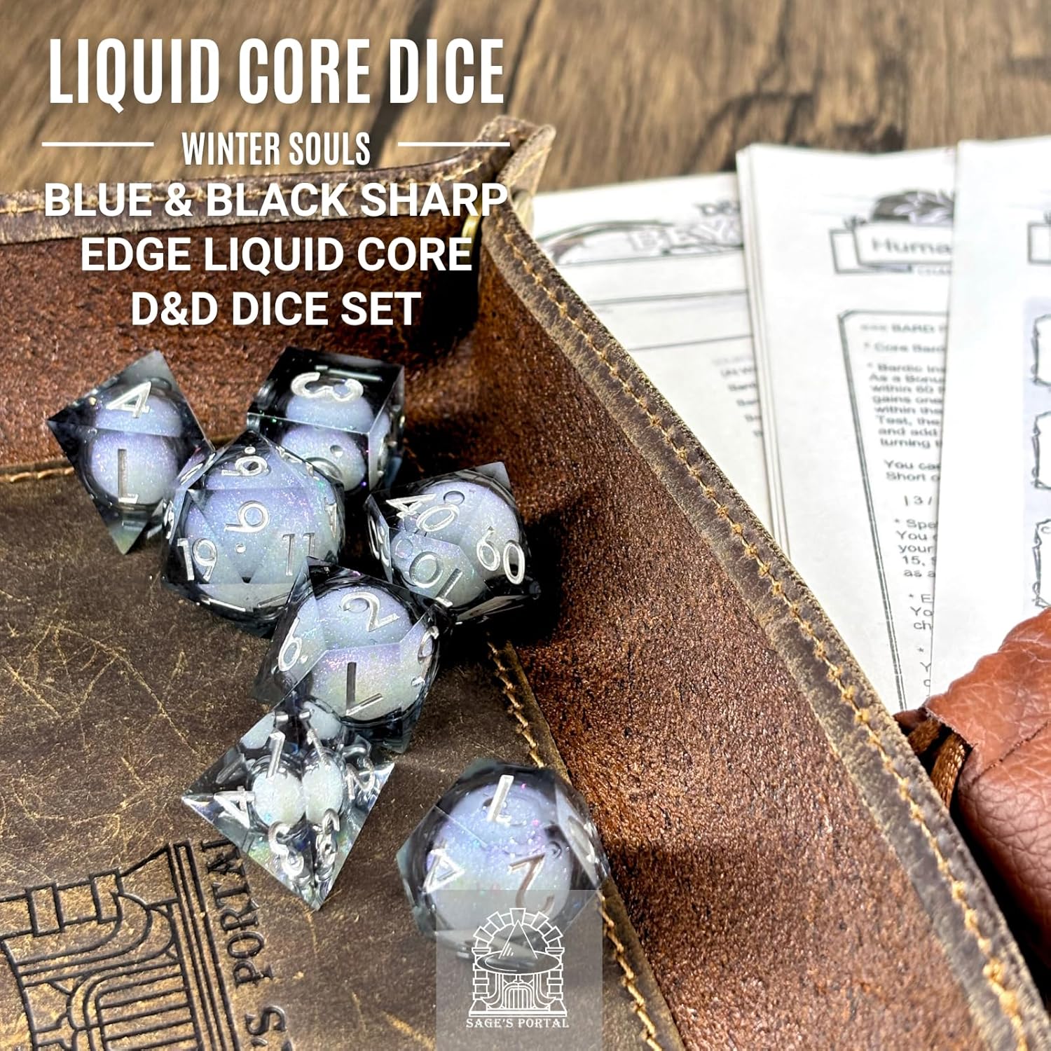 Sage's Portal Souls Liquid Core 7-PC Sharp Edge Resin Polyhedral DND Dice Set for Dungeons and Dragons Dice RPG Tabletop TTRPG (Winter Souls)