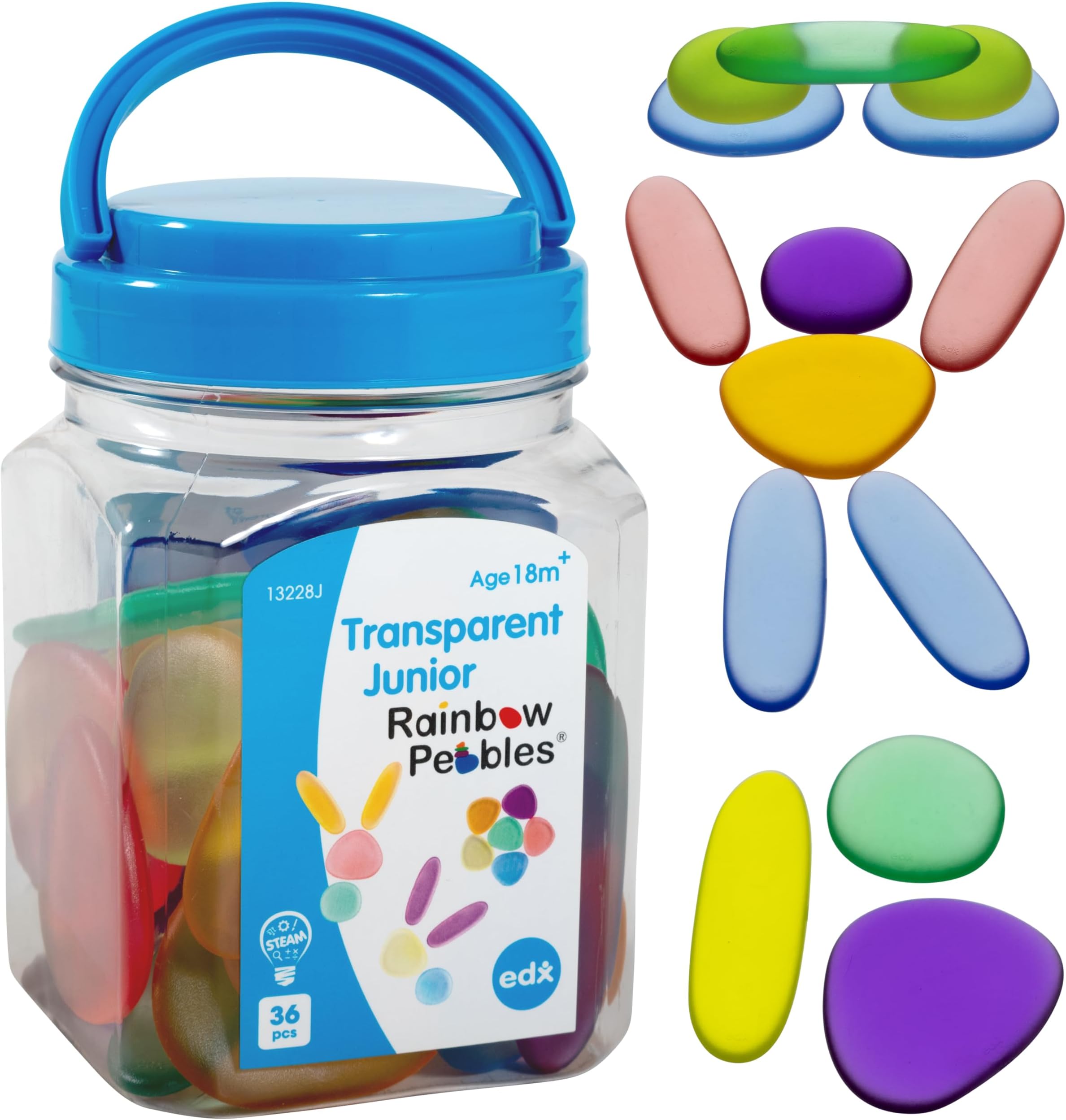 Rainbow Pebbles | Junior | Transparent | Mini Jar | Ages 18m+ | Set of 36 Sorting and Stacking Stones | First Counting and Sorting Toy