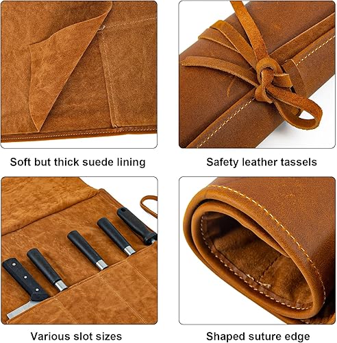 Miniatura 3 de Bolsa enrollable de cuero auténtico, 5 cuchillos y utensilios de cocina, perfecta para el chef viajero, bolsa de rollo de herramientas de viaje, no