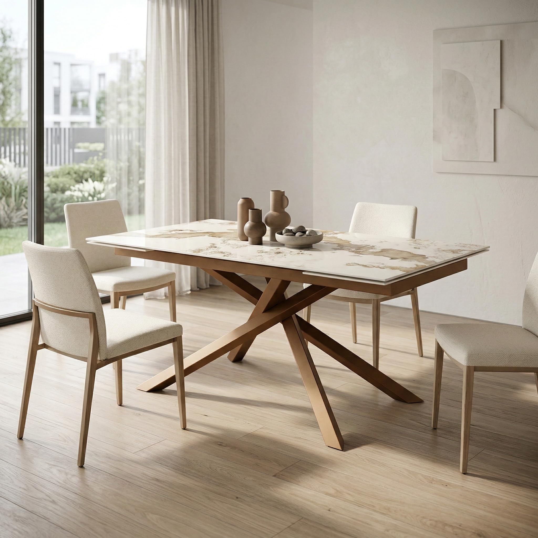 Cribel George Tavolo Allungabile Con Piano in Gres Porcellanato Effetto Marmo Kashmir Beige Lucido E Gambe Bronzo, Tavolo Da Pranzo Moderno 160-240x90x75 Cm