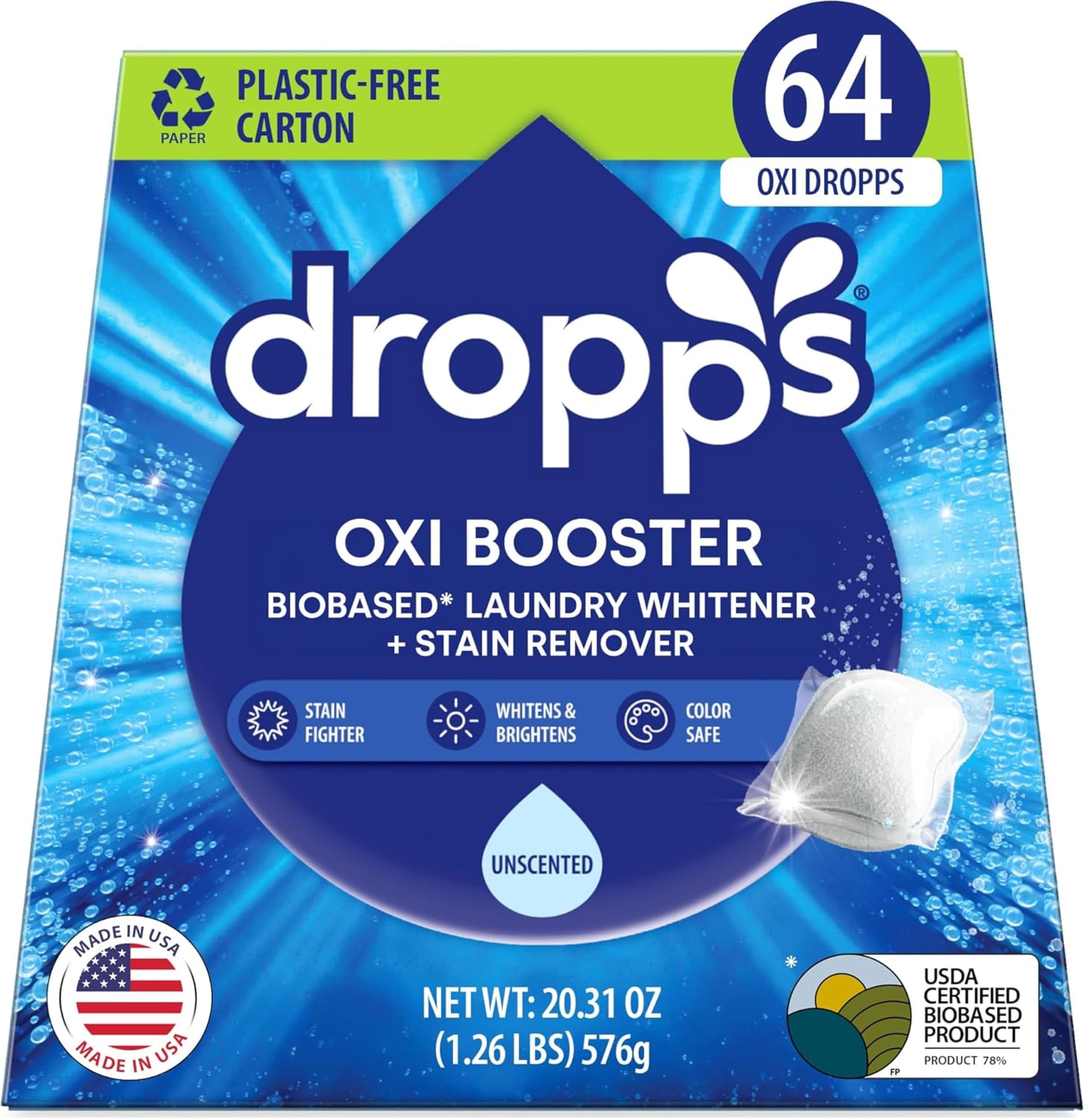 - Oxi Booster Pods, Unscented (64 Pods) - Chlorine-Free Bleach Alternative Biobased Laundry Whitener & Stain Remover for Extra Tough Stains - Fragrance-Free & Hypoallergenic for Sensitive Skin