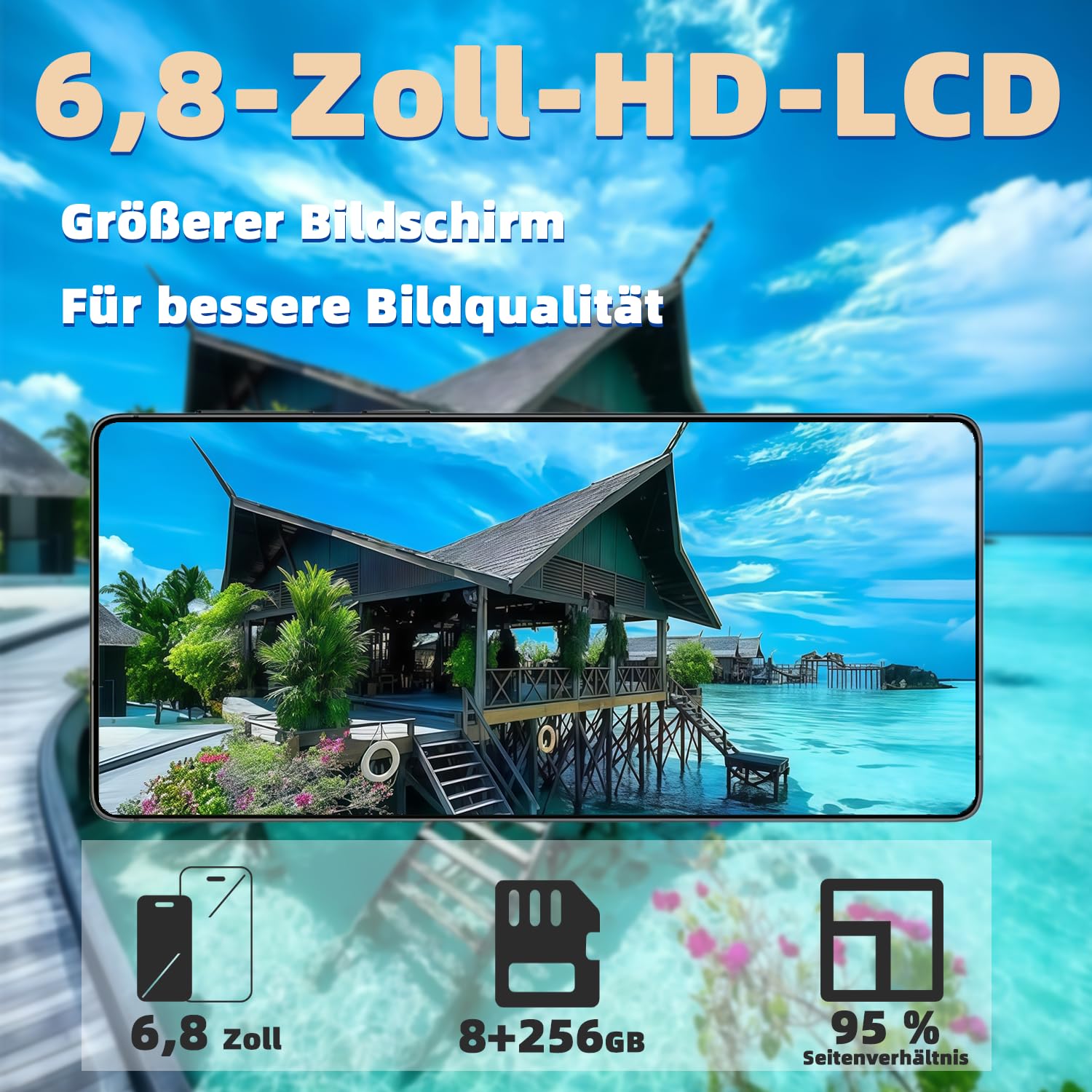 Android Smartphone Handy Ohne Vertrag Günstig, 8+256GB Dual SIM 6.8" HD-Bildschirm 4500mAh Akku 21+8MP Kamera, Simlockfreie Handys/OTG/Face ID,Blau