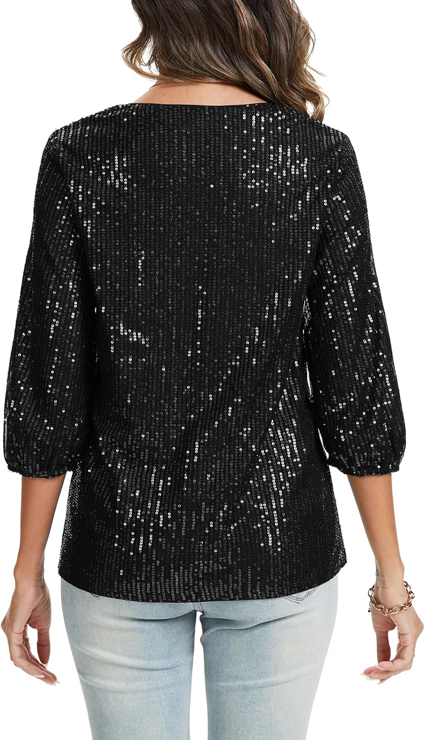 Women's Sparkly Sequin Tops 3/4 Sleeve Glitter Dressy Blouses V-Neck Club Party Tops - Image 2