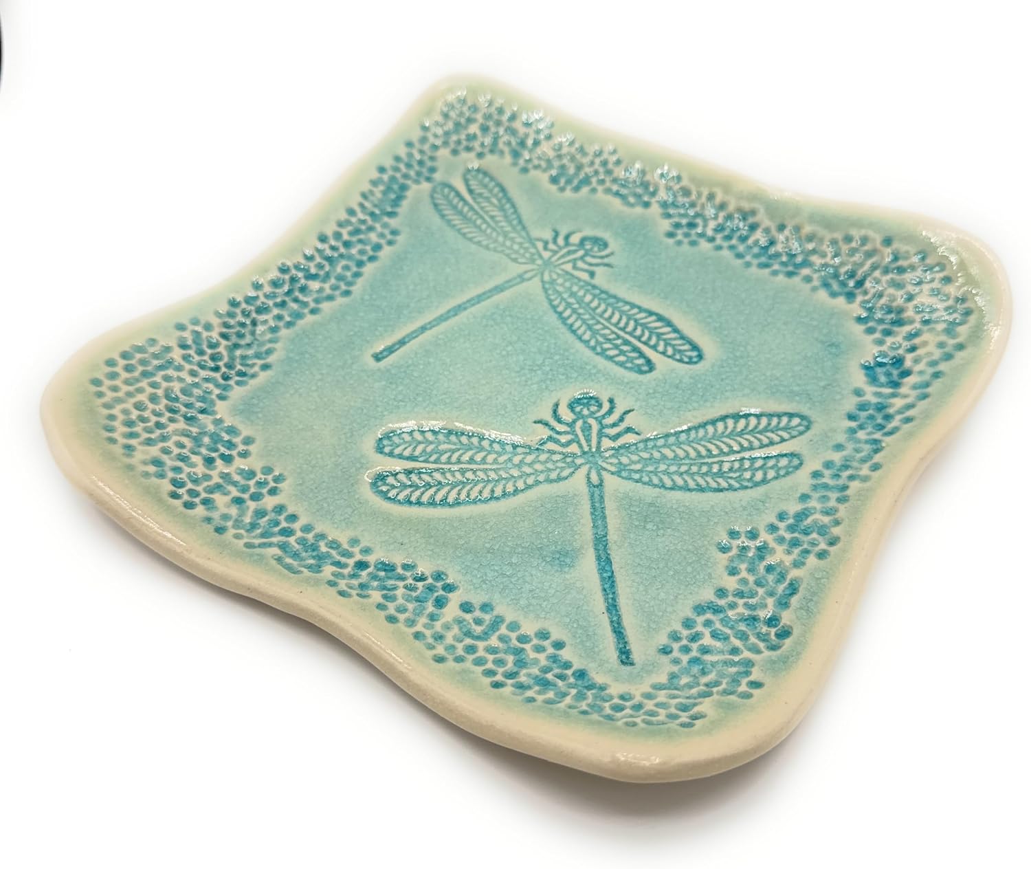 Turquoise Dragonfly 7.50 Square Tray, Handmade in USA, Free Form Pottery