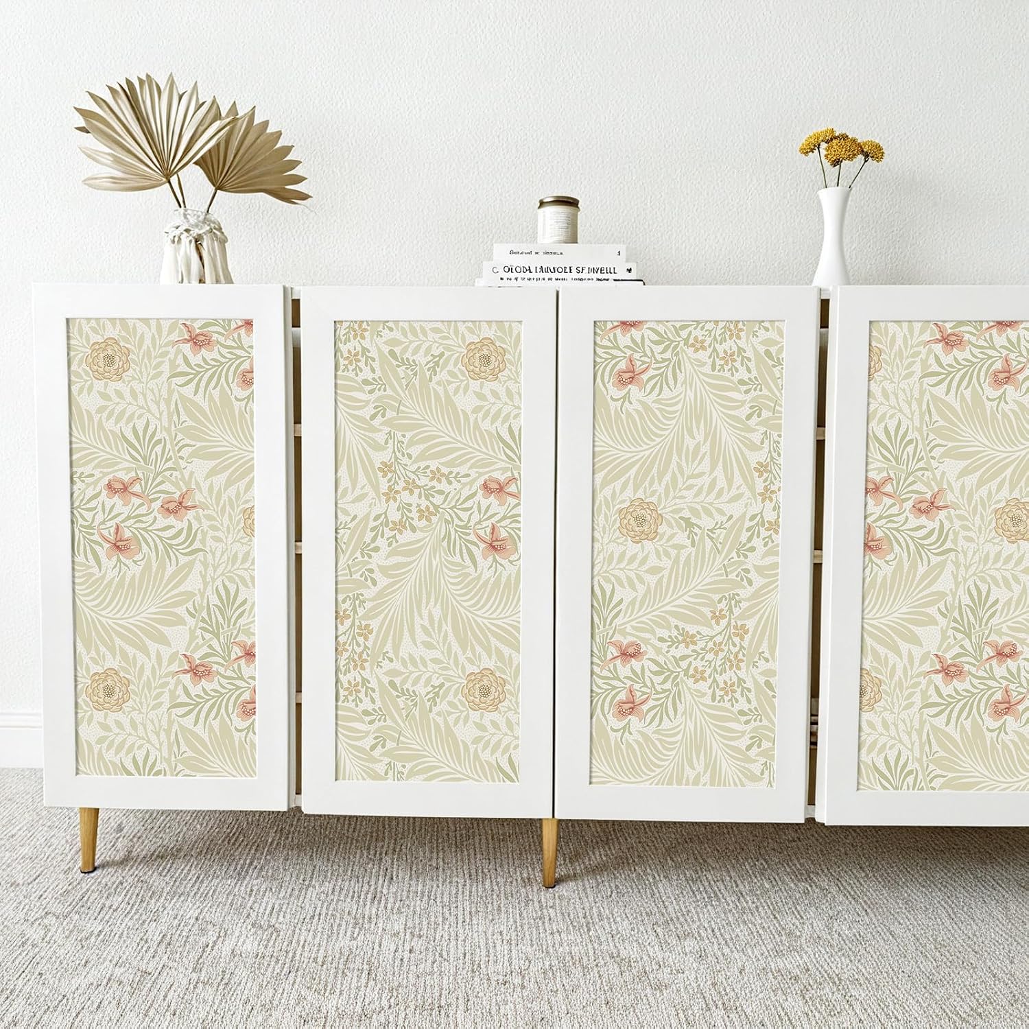 VEELIKE Ditsy Daisy Trail Floral Peel and Stick Vintage William Morris Wallpaper for Bedroom Living Room 17.7''x354'' Removable Self Adhesive Botanical Green Leaf Wall Paper for Bathroom Walls Cabinet