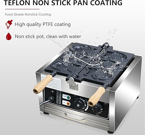 Miniatura 5 de Taiyaki - Máquina para hacer gofres de pescado, 3 unidades antiadherentes para hacer gofres eléctricos Taiyaki Baker con forma de pez, acero