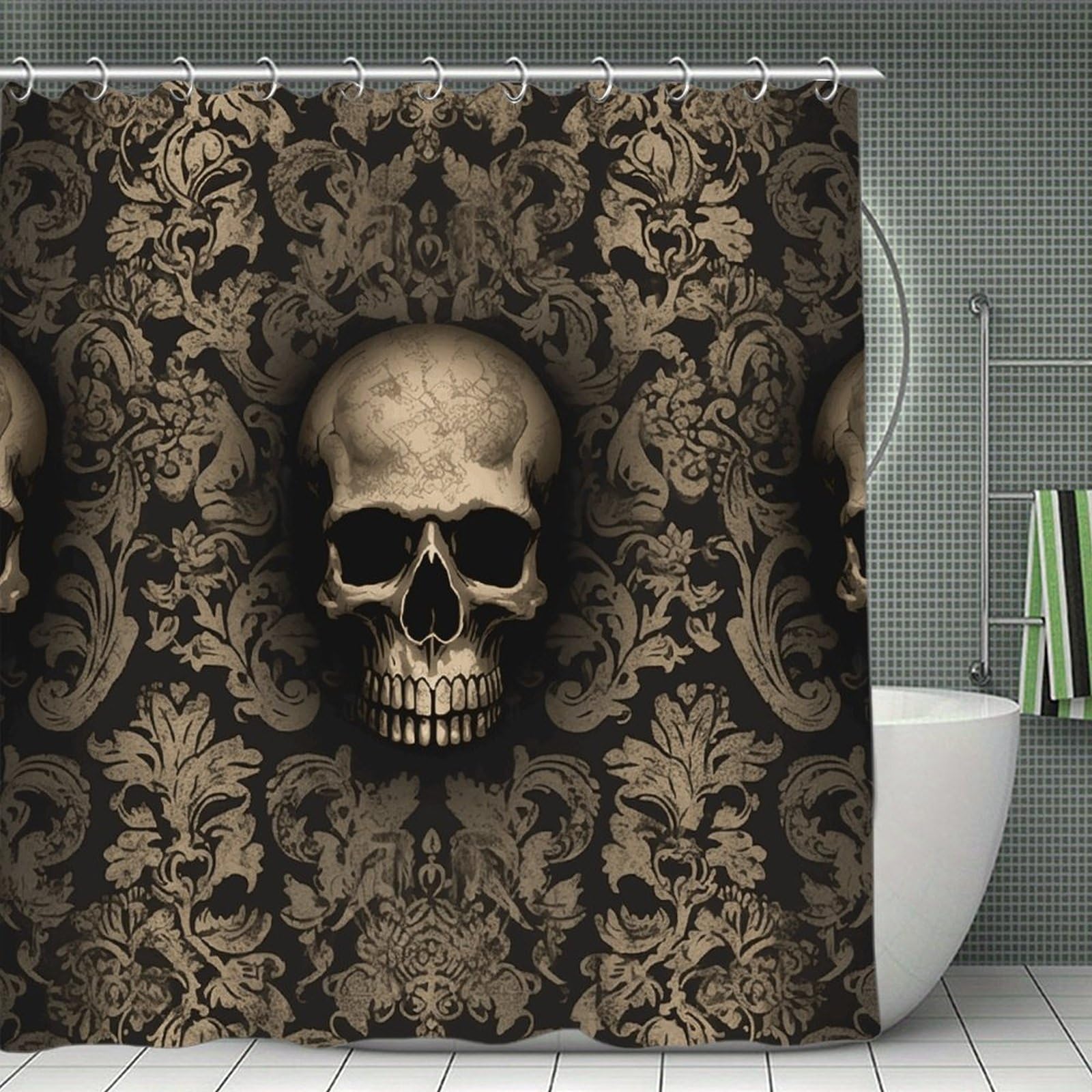 FekiLoot Gothic Wallpaper Skull Shower Curtain Minimalist Aesthetic Bath Curtain with Hooks Simple Water Resistant Bathroom Shower Curtains Cute Blackout Privacy Curtains Cloth Curtain