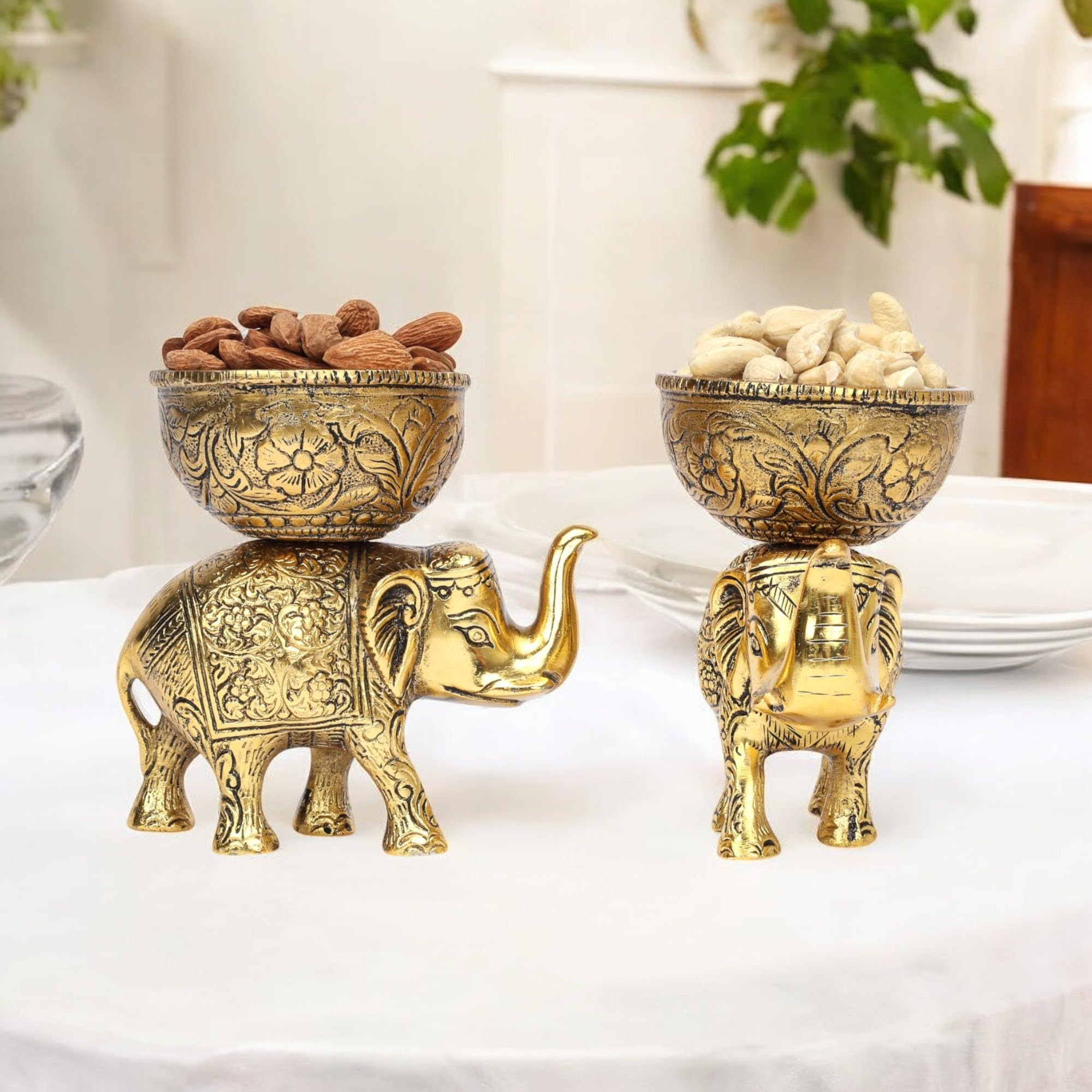 NATRIEL German Silver Decorative Elephant Bowl Set of 2, 5.1 Inch Handcrafted Metal Snack Bowls with Carved Base, Gold Finish, 2 Piece