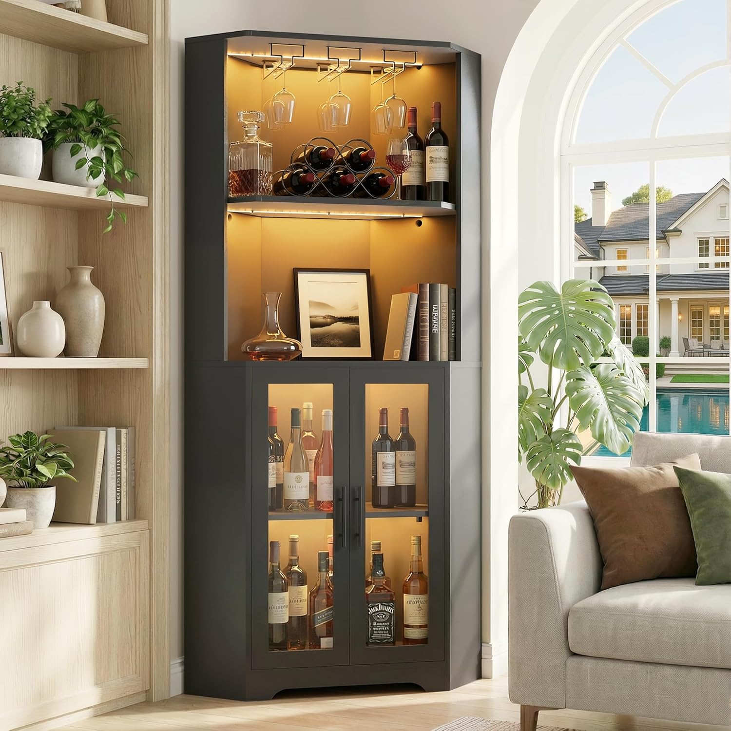 65" Tall Corner Wine Cabinet with LED Light, Black Corner Bar Cabinet w/Glass Holder, Glass Door & Adjustable Shelf, Home Bar Liquor Storage Cabinets for Living Room, Dining Room, Kitchen