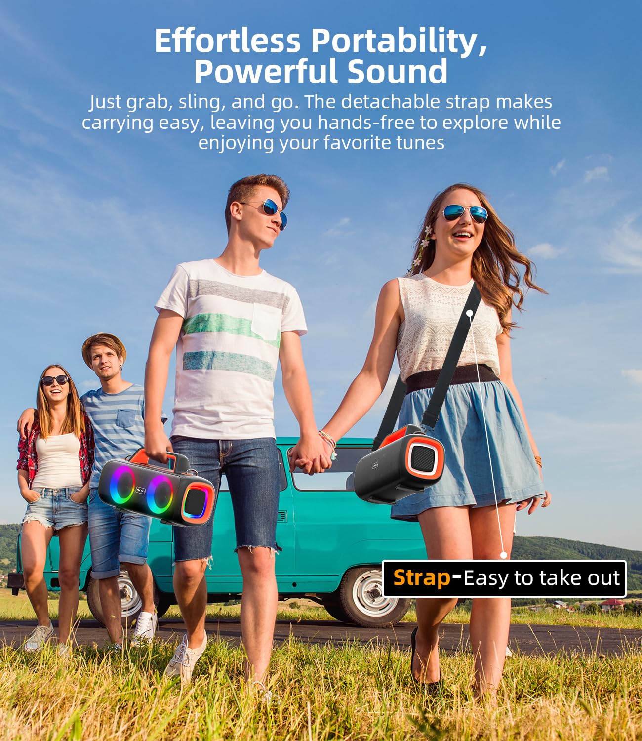 VUOPAX Cassa Bluetooth Portatile, 140W Potente con 2 Subwoofer e 2 Tweeter, Impermeabile IP65 per Esterni, Batteria 24h, Luci RGB, per Feste, Giardino, Spiaggia - Connessioni AUX/USB/TF e TWS