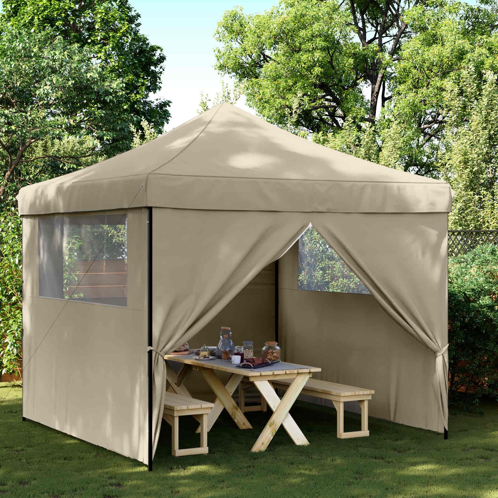 Namiot imprezowy w kolorze taupe 292 x 292 x 315 cm, tkanina Oxford z ramą malowaną proszkowo, składana konstrukcja, liny wiatrowe i koziołek, idealny do ogrodu, na taras, kemping, wesele