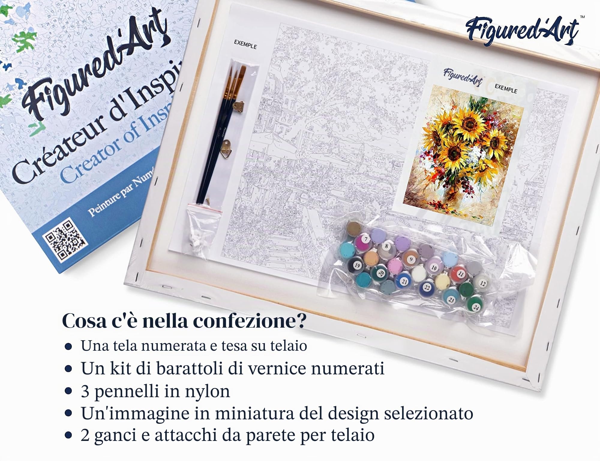 Figured'Art Dipingere con i Numeri con Telaio - Paint by Numbers Girasoli Graziosi, Passatempo per Adulti, Kit Completo, Hobby Creativi - Quadri fai da te 40x50cm Tela Già Incorniciata