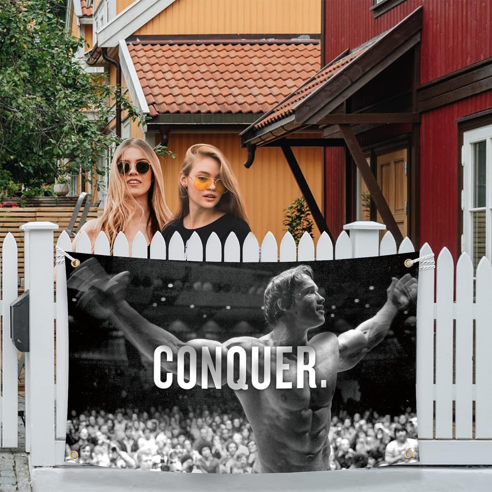 Bandera de Schwarzenegger, Motivación Gimnasio Divertido Póster de Fitness Poliéster 90 g con Ojales con Doble Aguja Cosida, para Dormitorio, Sala de Estar (90 x 150 cm)