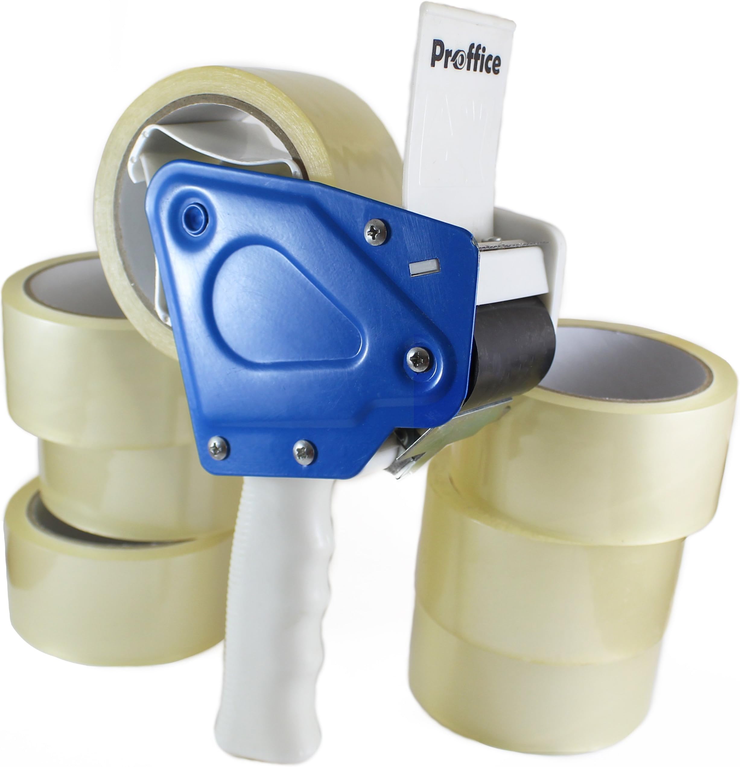 Premium Heavy Duty Tape Gun Dispenser - 2 Inch Industrial Blue Metal, Includes 6 Quality Tape Rolls, Ideal For Sealing Boxes Packaging and Moving - Bonus Instruction Sheet