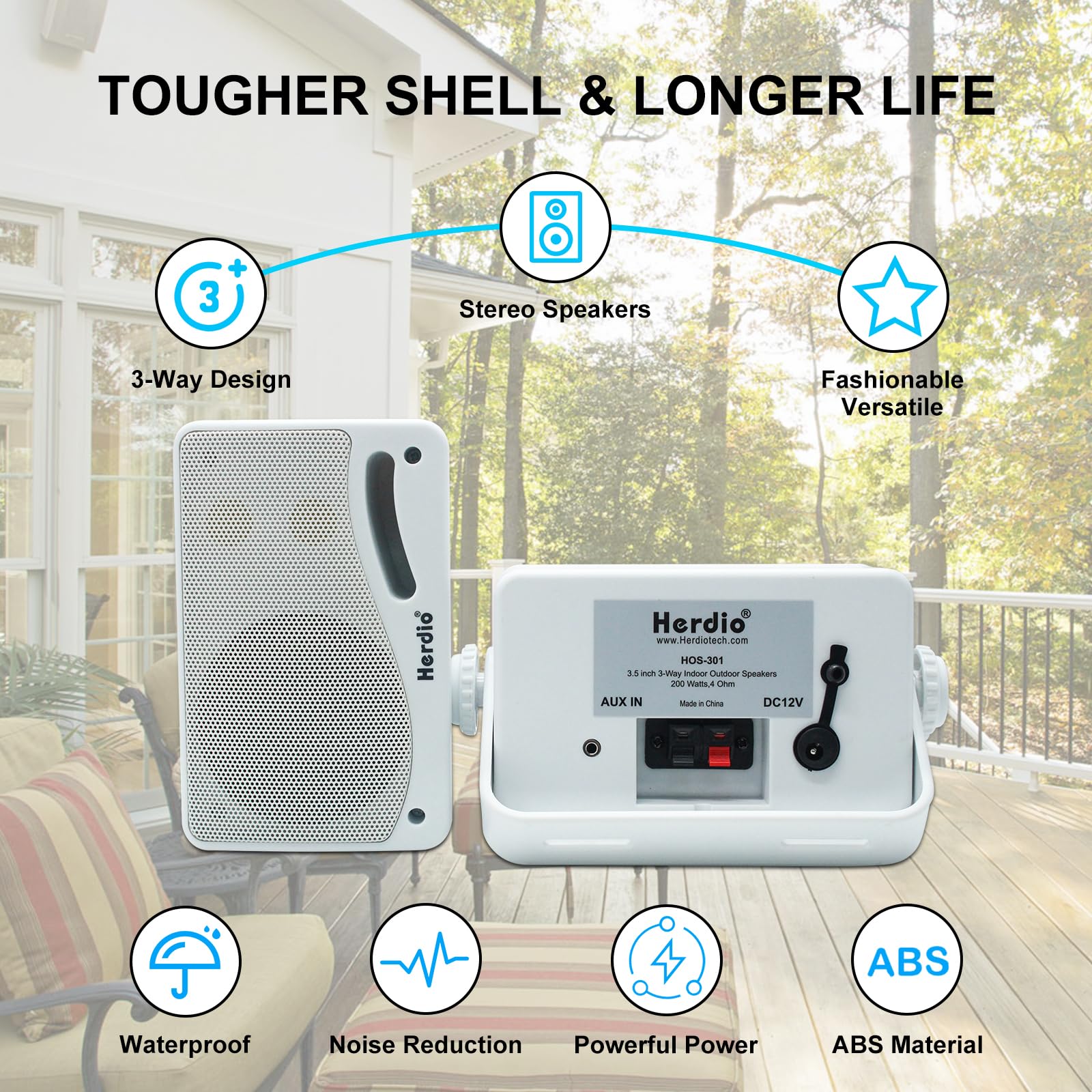 Herdio Głośnik zewnętrzny Bluetooth 3,5" 3-drożny 200 W wodoszczelny, odporny na warunki atmosferyczne do użytku na zewnątrz patio ogród taras łódź restauracja (1 para'