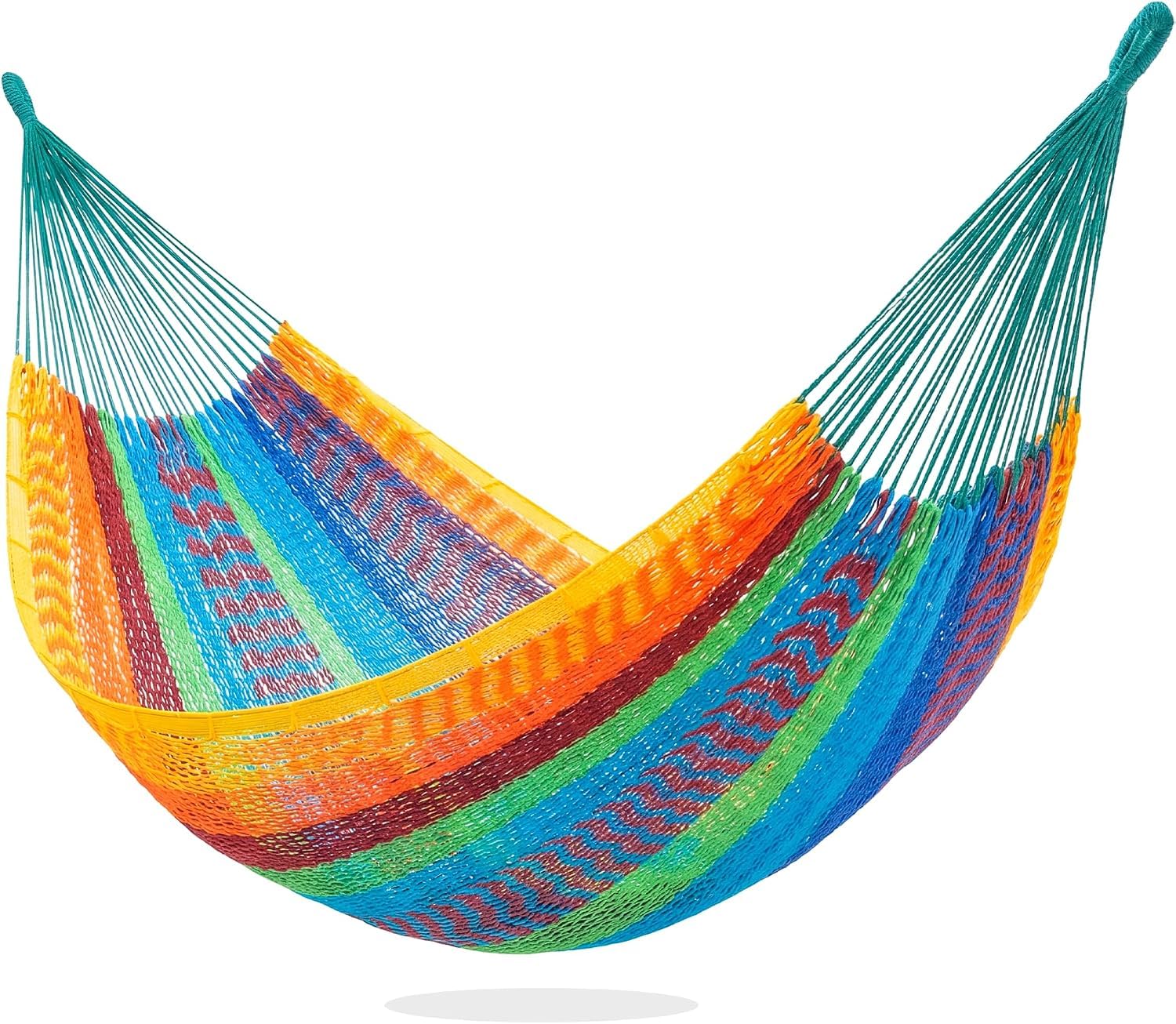 PNAEUT Handwoven Mayan Hammock, Thick Soft Rope Double Hammock for Outdoor Outside & Indoor, 600 lbs Capacity Heavy-Duty, Includes Tree Straps, Carabiners & Carrying Bag (Tropical, XX-Large)