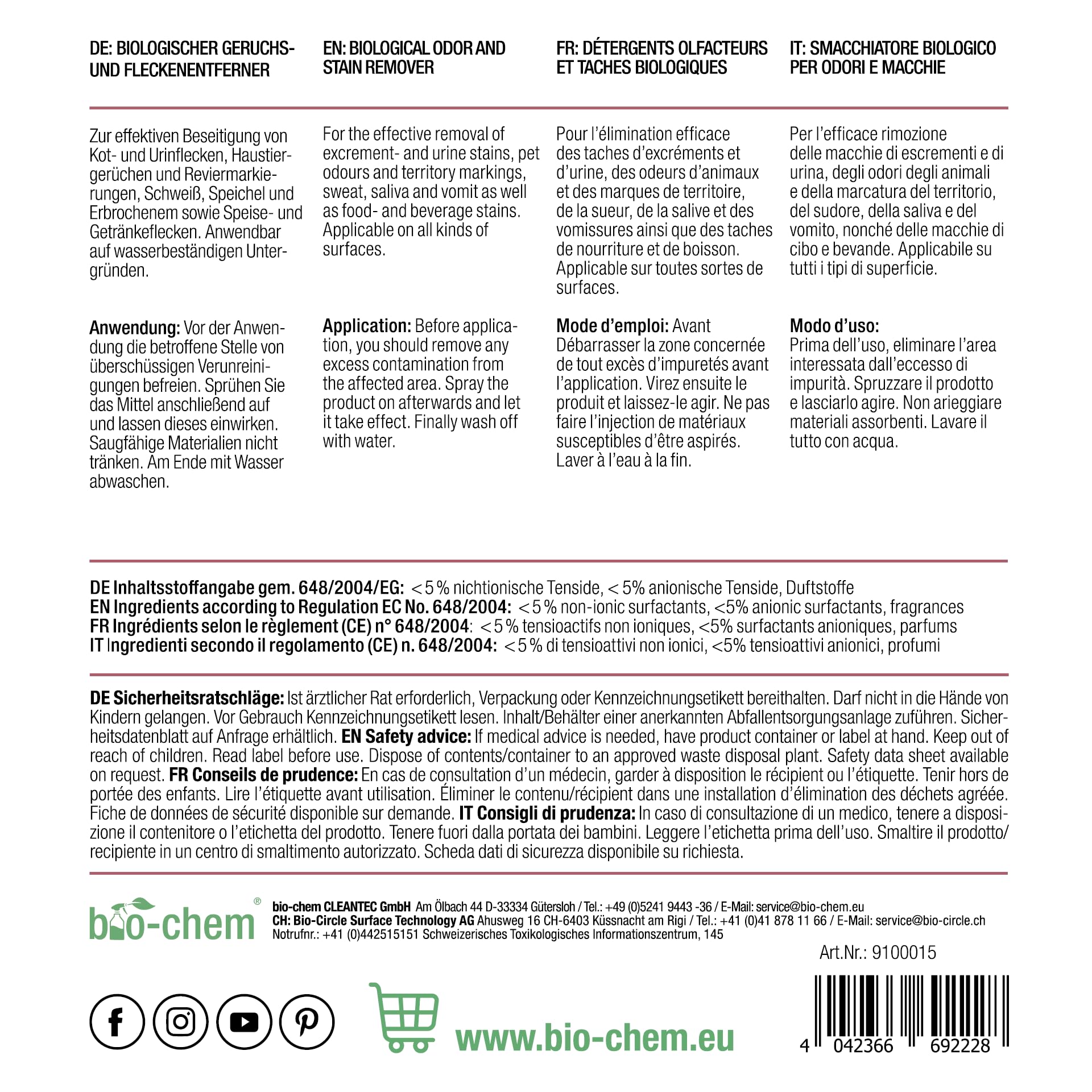 Bio-Chem - Smacchiatore di urina e odori tanica 5L - Prodotto ideale contro l'urina di cane e gatto - Spray neutralizzante e assorbi odori - Prodotto deodorante per la casa