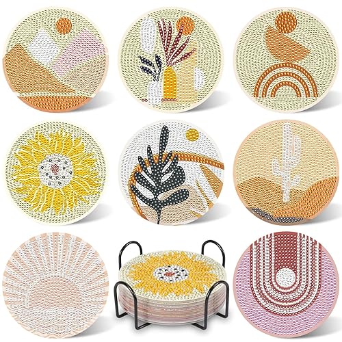 UPINS 8Pcs Boho Diamond Art Painting Coasters for Drinks DIY