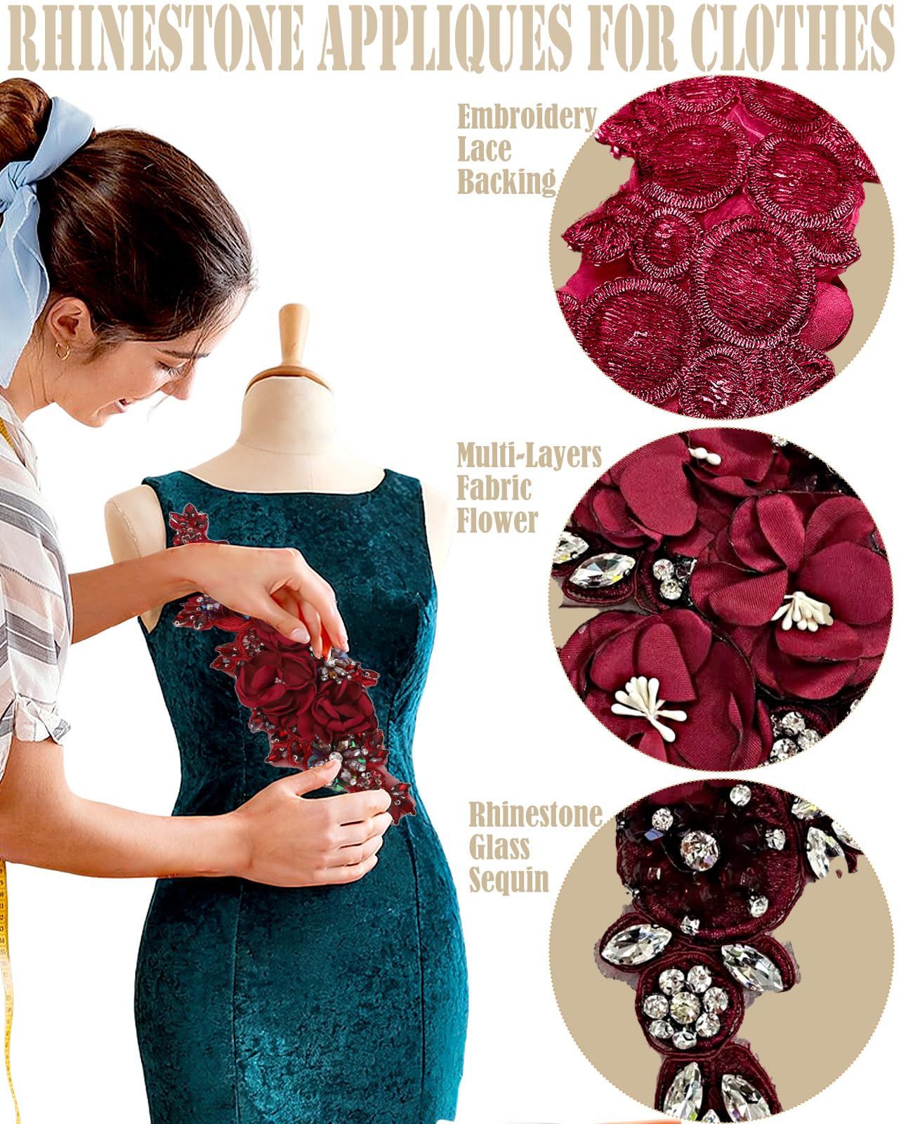 1 aplique de diamantes de imitación hecho a mano para ropa, parches de tela de flores 3D para vestido de novia, apliques de encaje bordado con cuentas brillantes para sombrero, diadema para el pelo