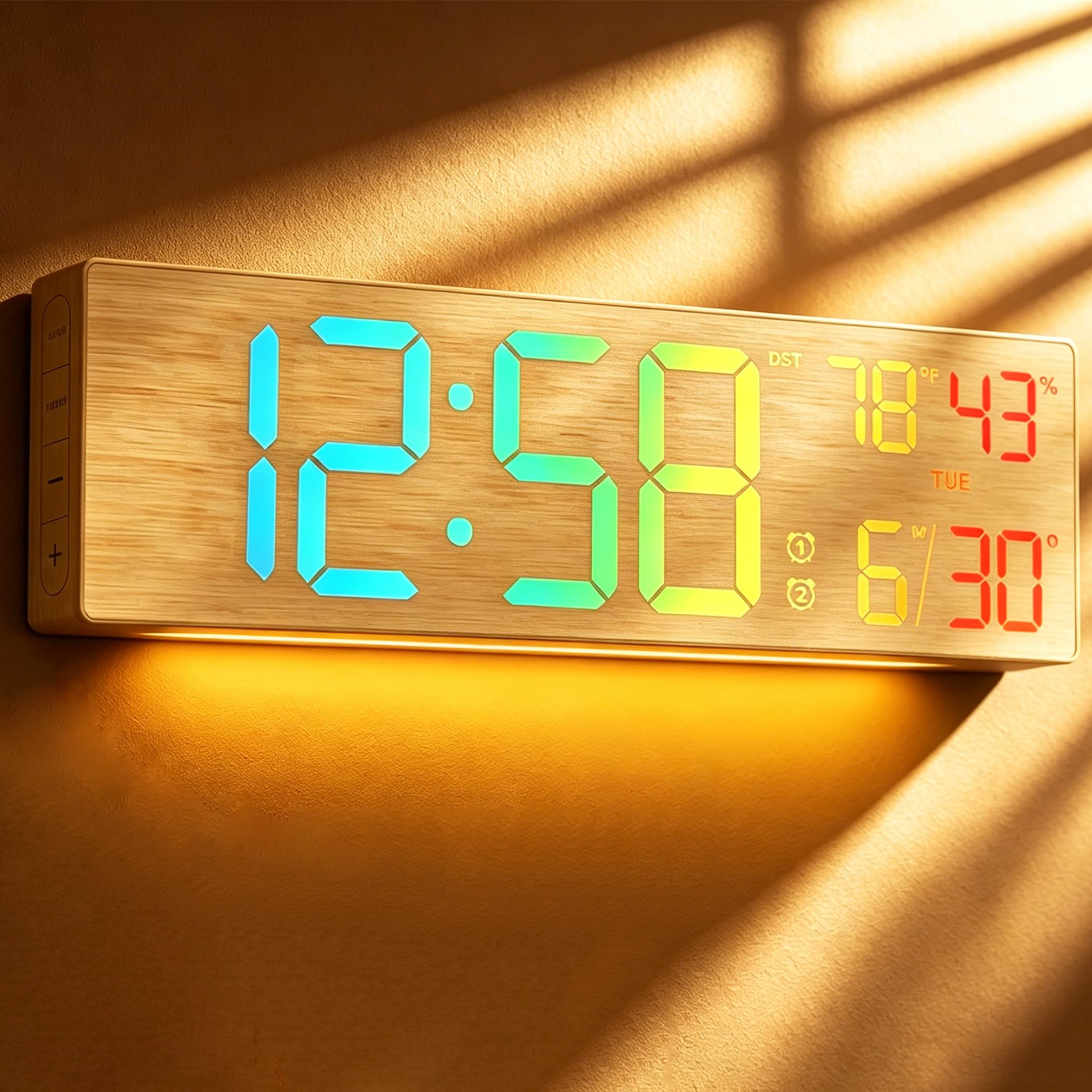 2026 Upgrade 18.5" Large Digital Wall Clock with Remote Control, Big LED Display Digital Clocks with Night Light, Alarm, DST, Temp for Parlor, Office, Classroom, Bedroom,Gifts for Seniors(Light Wood)