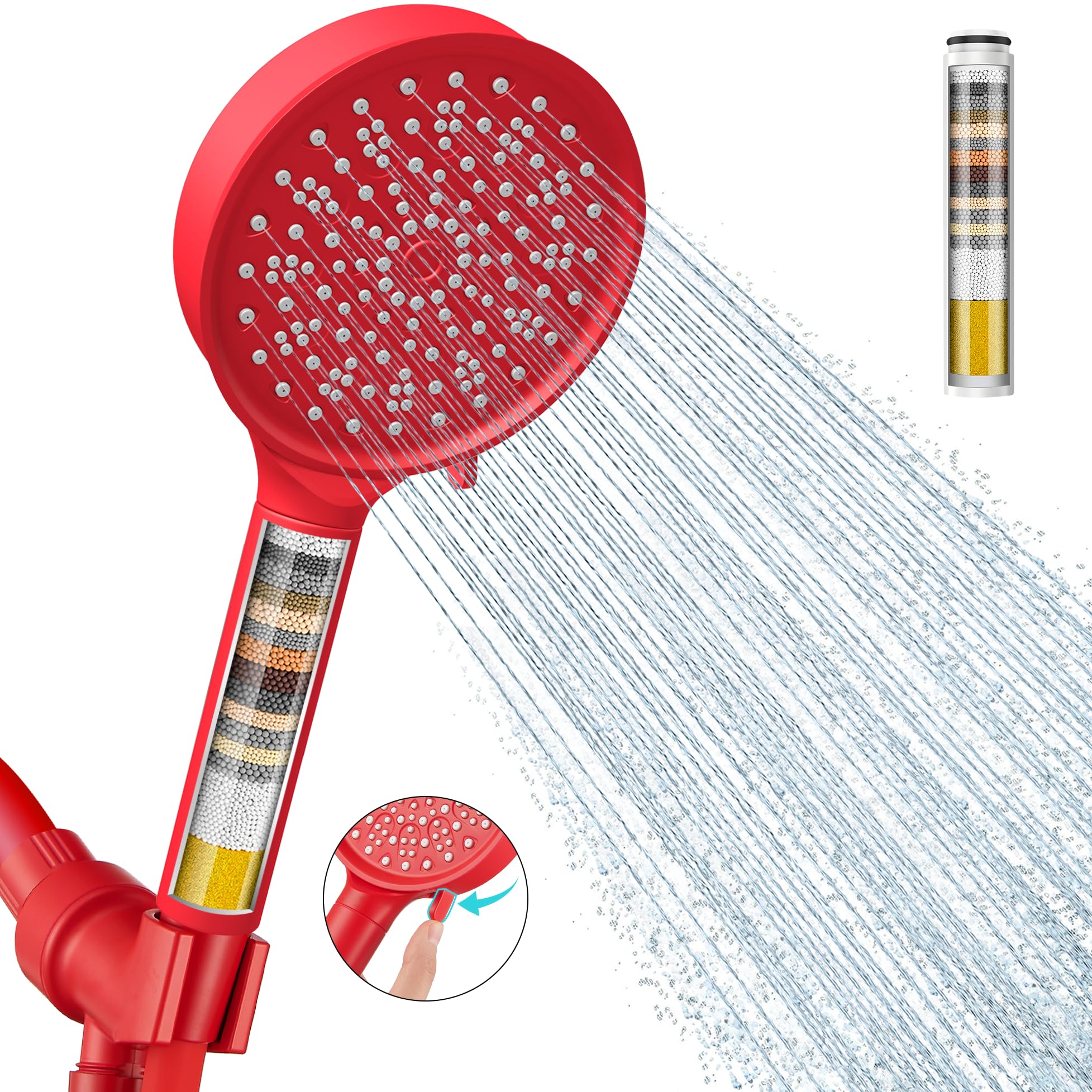 Cobbe Filtered Shower Head with Handheld, High Pressure 6 Spray Mode Showerhead with Filters, Water Softener Filters Beads for Hard Water - Remove Chlorine - Reduces Dry Itchy Skin, Red