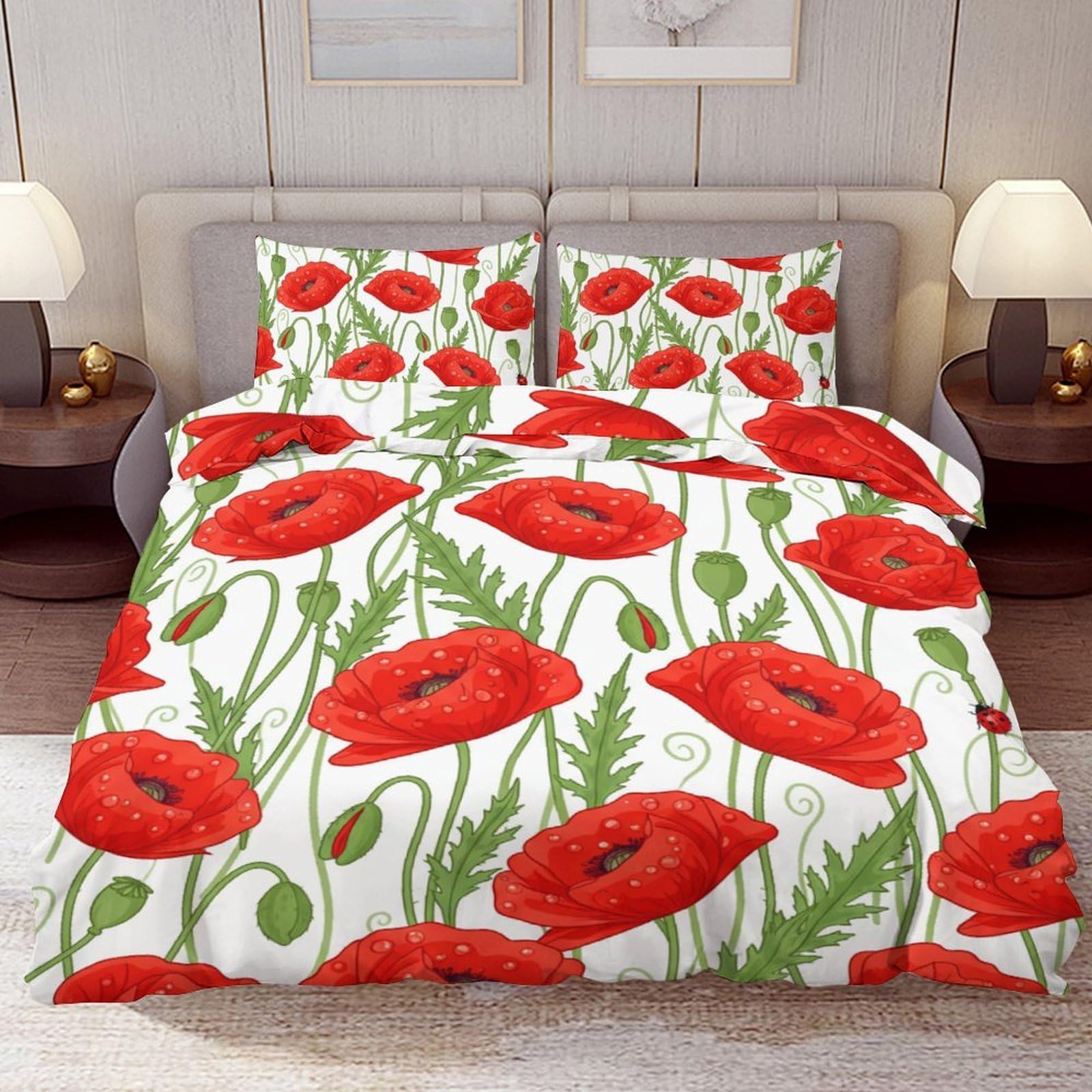 Delerain Comforter Cover Set Full Size, Red Poppy Flower 3-Piece Bedding Set for Boys Girls Teens Modern Soft Microfiber Bedroom Set Room Decor, 1 Duvet Cover + 2 Pillowcases