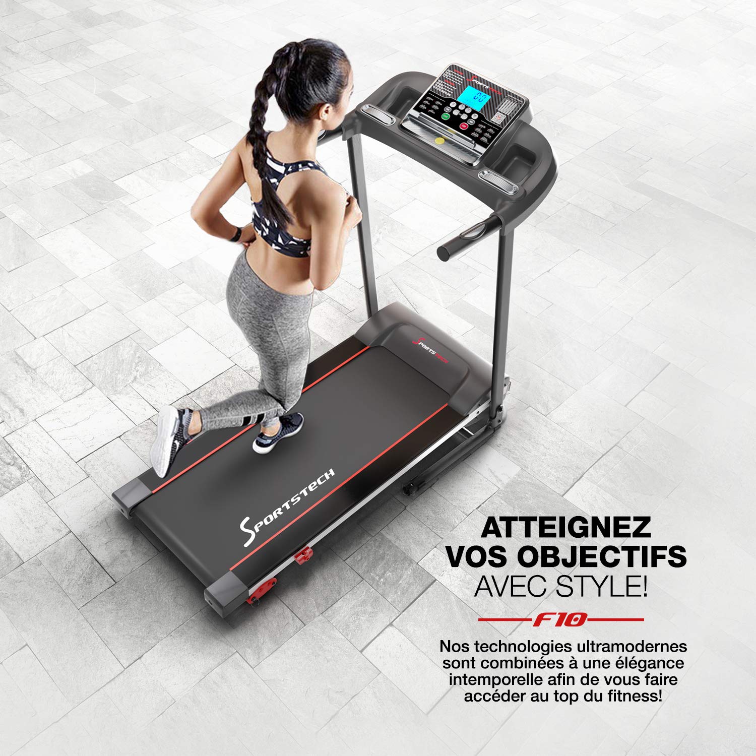 Sportstech F10 - Tapis de Course Pliable, Tapis Roulant, Walking Pad, avec 1 an d'App STL Incluse, Bluetooth,12 Programmes, 10km/h, Cardio, Autolubrification, Silencieux, Multi-Couche, LCD, 120kg Max