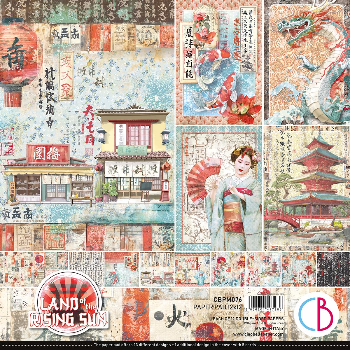 Ciao Bella Red, Black, Turquoise, Ivory Land Of The Rising Sun 12"X12" Paper Pad