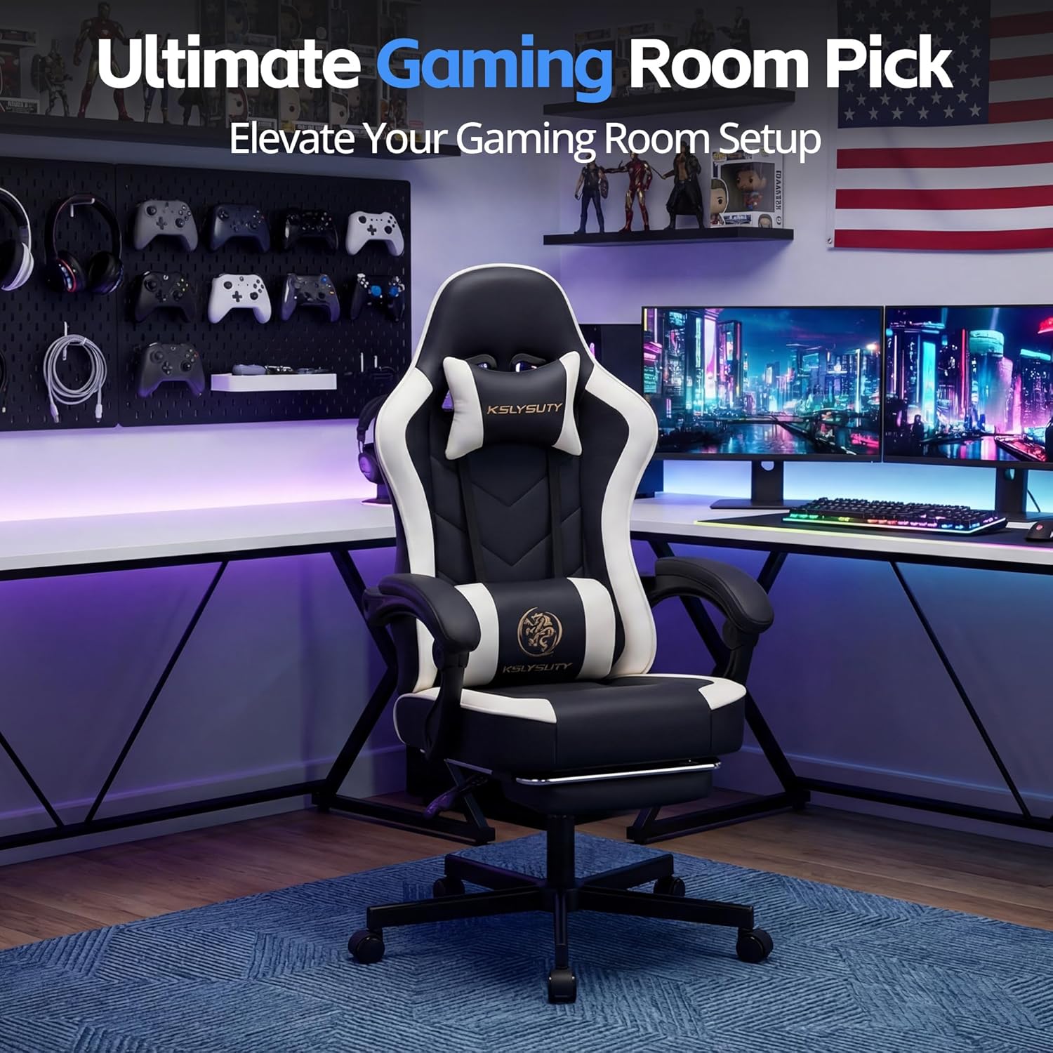 Desk Computer Gaming Chair - High Back Ergonomic Office Chair with Footrest and Lumbar Support, Swivel Comfy Home Gamer Video Game Chairs with Pocket Spring Cushion for Adults (White Leather)